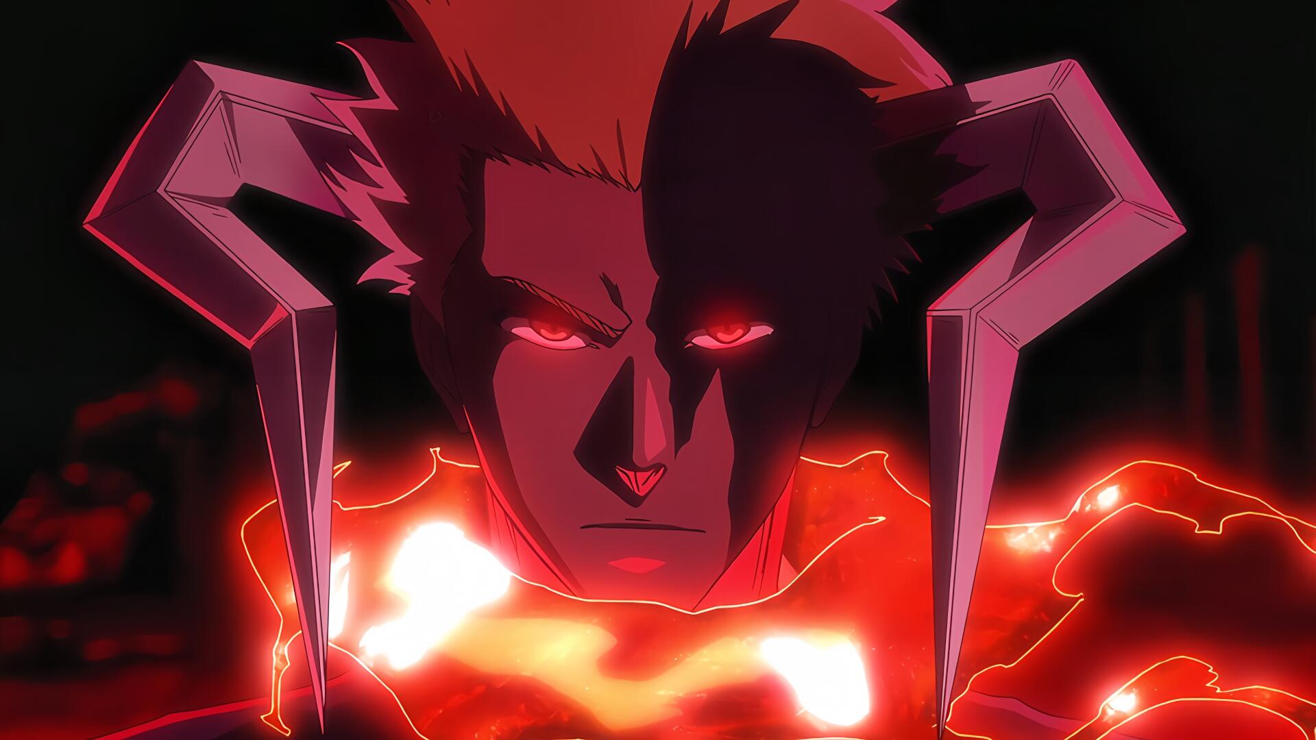Ichigo Kurosaki in bankai form, glowing red eyes and horn-like mask amid a blazing red aura — 5K Ultra HD PC desktop wallpaper (Bleach).