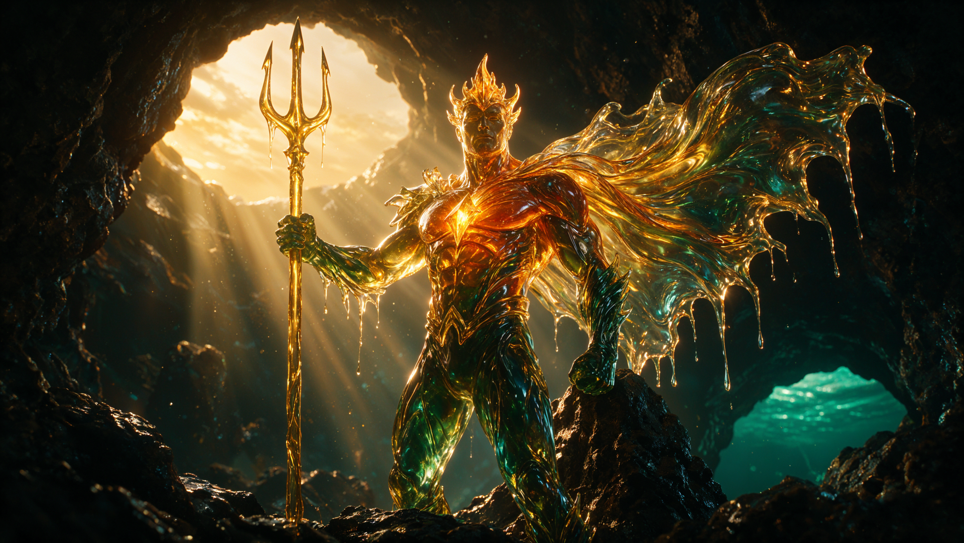 4K Ultra HD wallpaper: demonic Aquaman warrior holding a glowing trident, molten-gold armor dripping light inside a sunlit sea cave.