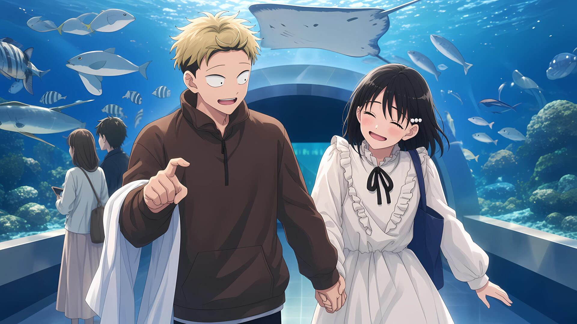 Kentarou Yamada and Natsumi Nishi from Seihantai na Kimi to Boku laugh hand-in-hand in an aquarium tunnel with fish and a manta ray above — 5K Ultra HD PC desktop wallpaper.