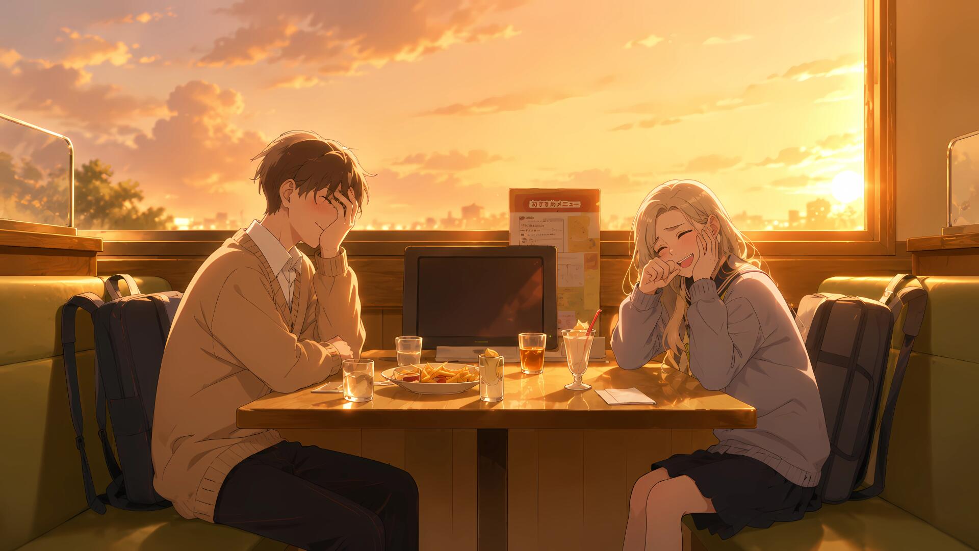 Shuuji Taira and Shino Azuma from Seihantai na Kimi to Boku share a sunset diner meal bathed in warm golden light — 5K Ultra HD PC desktop wallpaper.