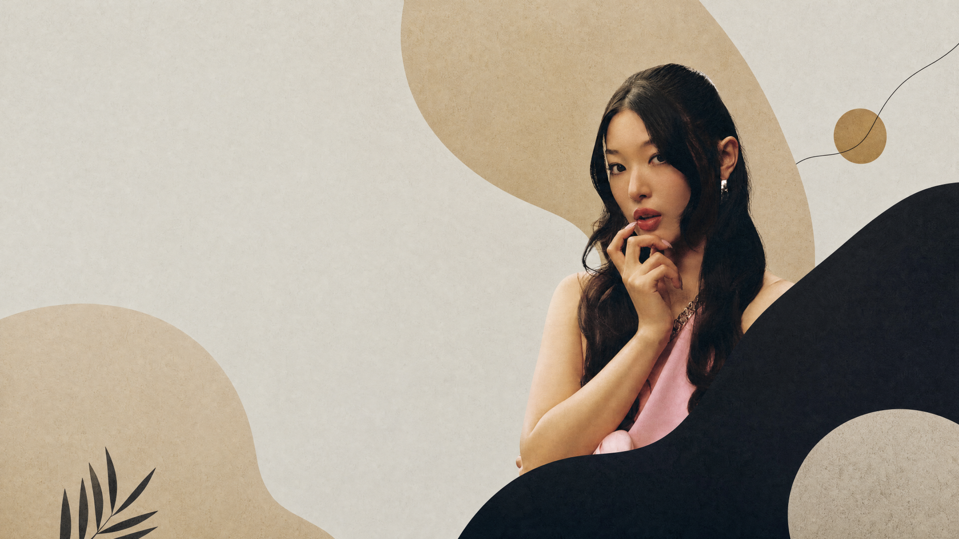 Portrait of a woman with long dark hair in a pink top, hand to chin against abstract beige and black shapes — Katseye 4K Ultra HD PC Desktop Wallpaper and Background.