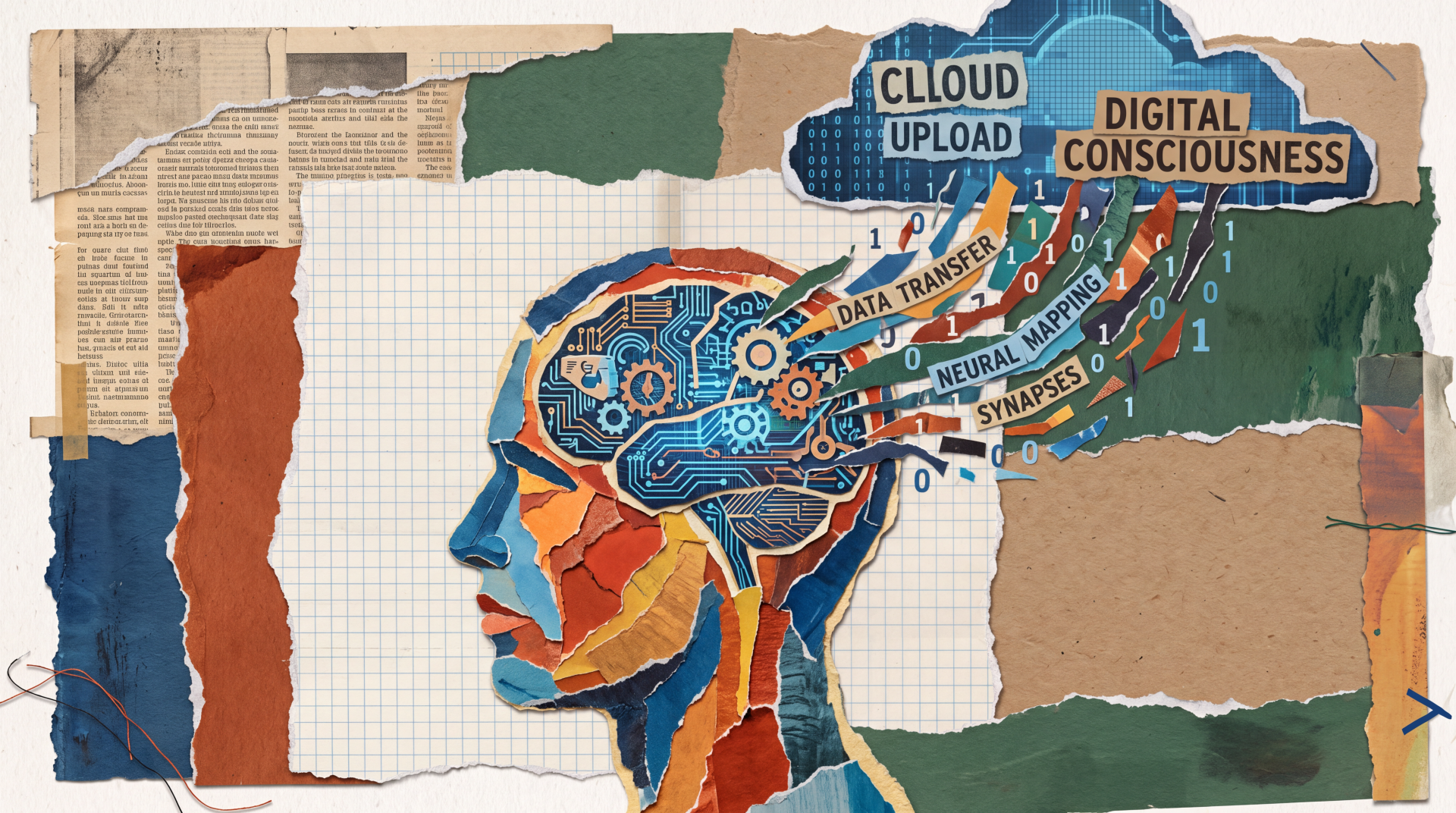 5K Ultra HD PC desktop wallpaper collage: colorful human head with exposed circuit-like brain, streams of data labeled 'Cloud Upload' and 'Digital Consciousness' — mind upload, technology.