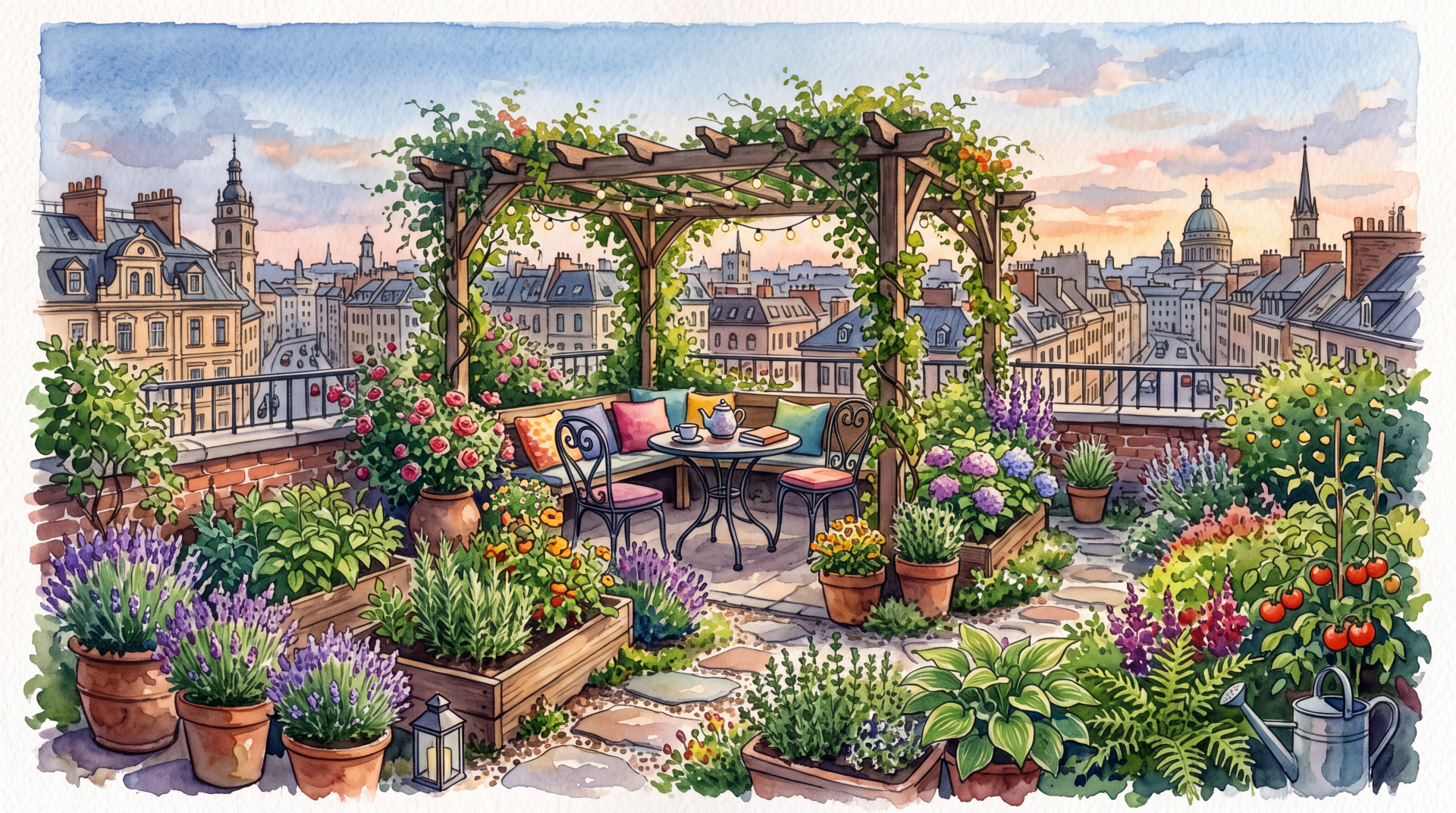 5K Ultra HD PC Desktop Wallpaper and Background: lush rooftop garden terrace with pergola, potted flowers, cozy table and chairs overlooking a city skyline at sunset.