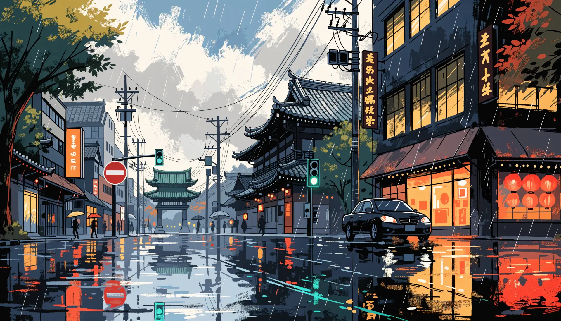4K Ultra HD PC desktop wallpaper: rainy Kyoto street at dusk, wet reflections on pavement, traditional temple gate ahead, glowing shop windows and lanterns.