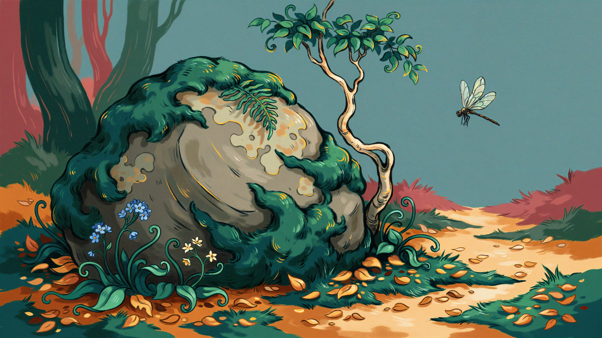 4K Ultra HD PC desktop wallpaper: mossy stone rock beside a twisted tree, green moss, blue wildflowers and a dragonfly along a sunlit forest path.
