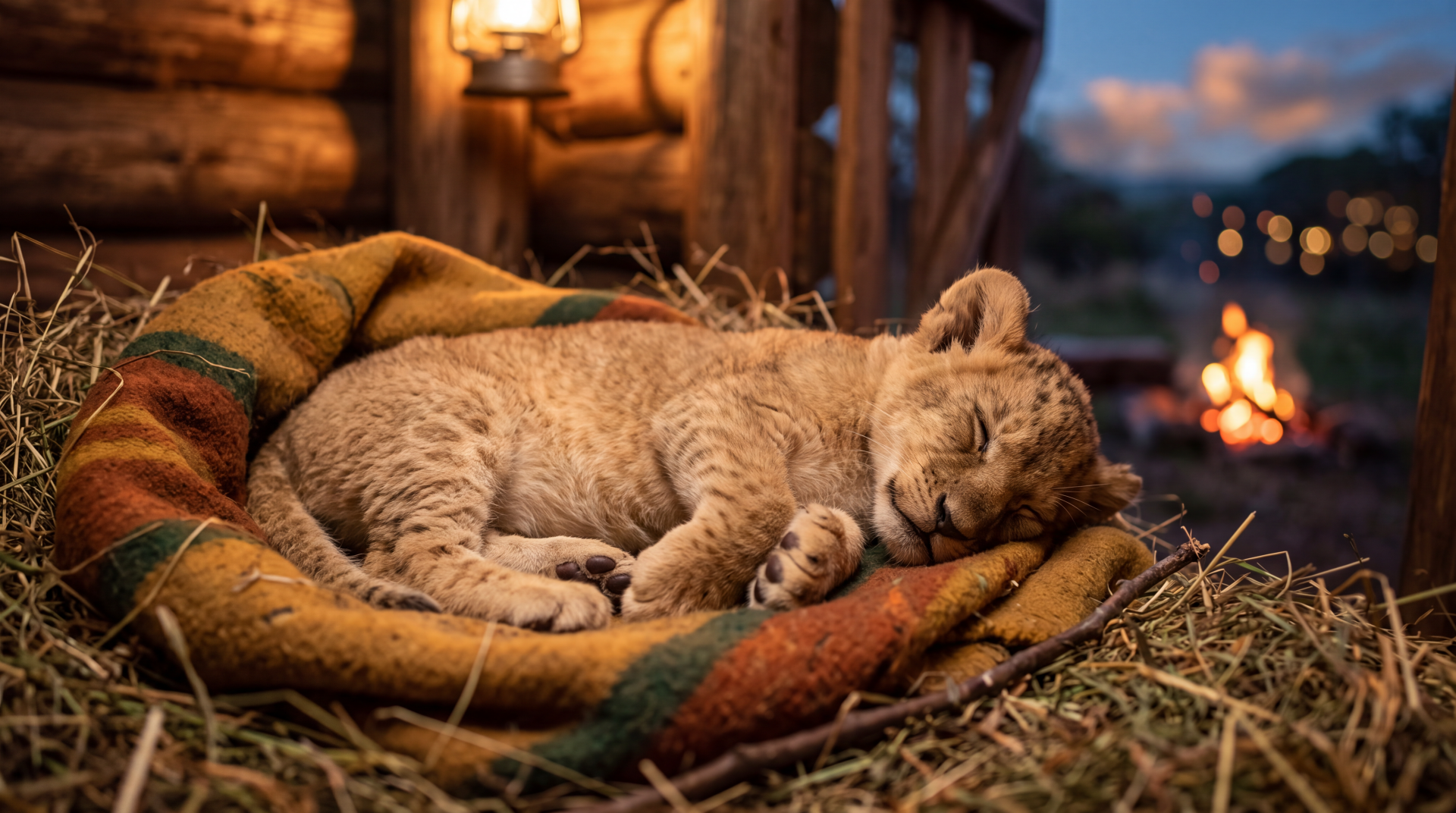 Young cub/kitten cat curled asleep on a blanket in straw by lantern and firelight, warm rustic scene — 5K Ultra HD PC desktop wallpaper and background.