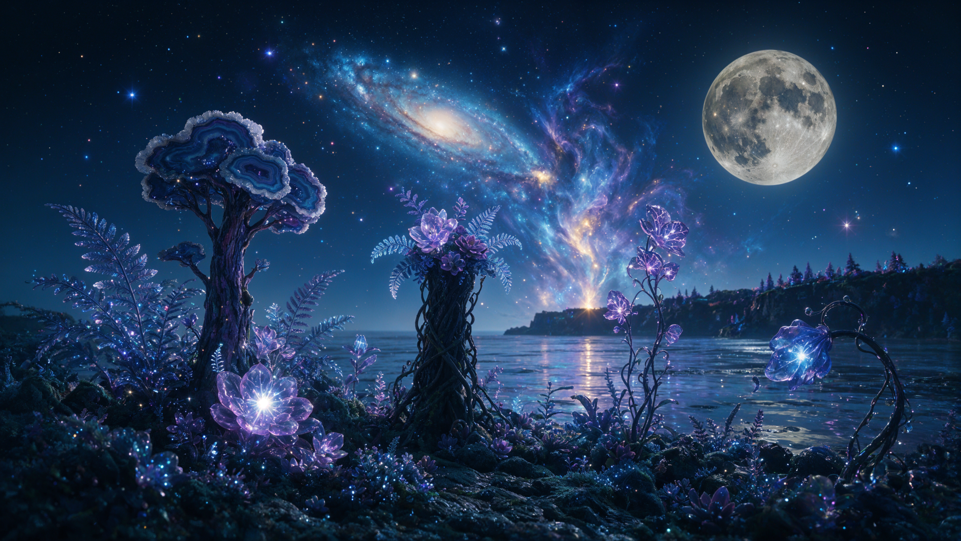 4K Ultra HD PC desktop wallpaper and background: moonlit night view of a lakeside landscape with a bright moon, swirling galaxy overhead and glowing, crystalline trees.