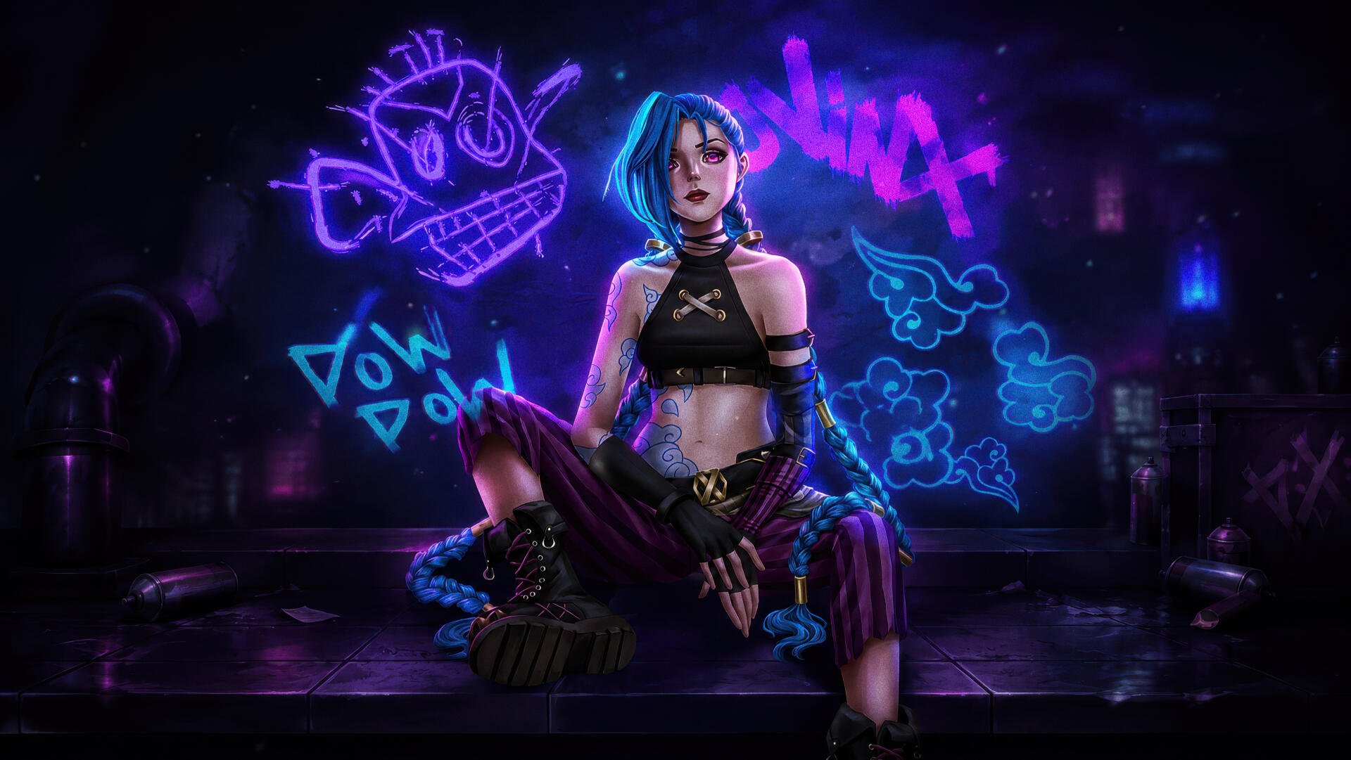 Digital art 4K Ultra HD wallpaper of Arcane's Jinx crouching on a neon-lit rooftop, blue hair, punk outfit, graffiti and explosive doodles glowing behind her — PC desktop background.