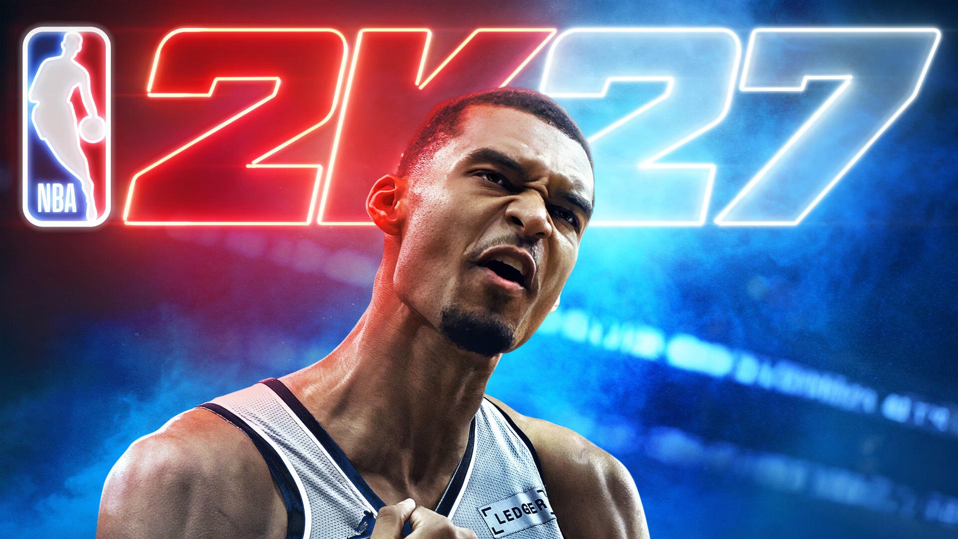 4K Ultra HD PC desktop wallpaper: close-up NBA 2K27 video game rendering of a tall, intense basketball star roaring under arena lights with bold 2K27 logo.