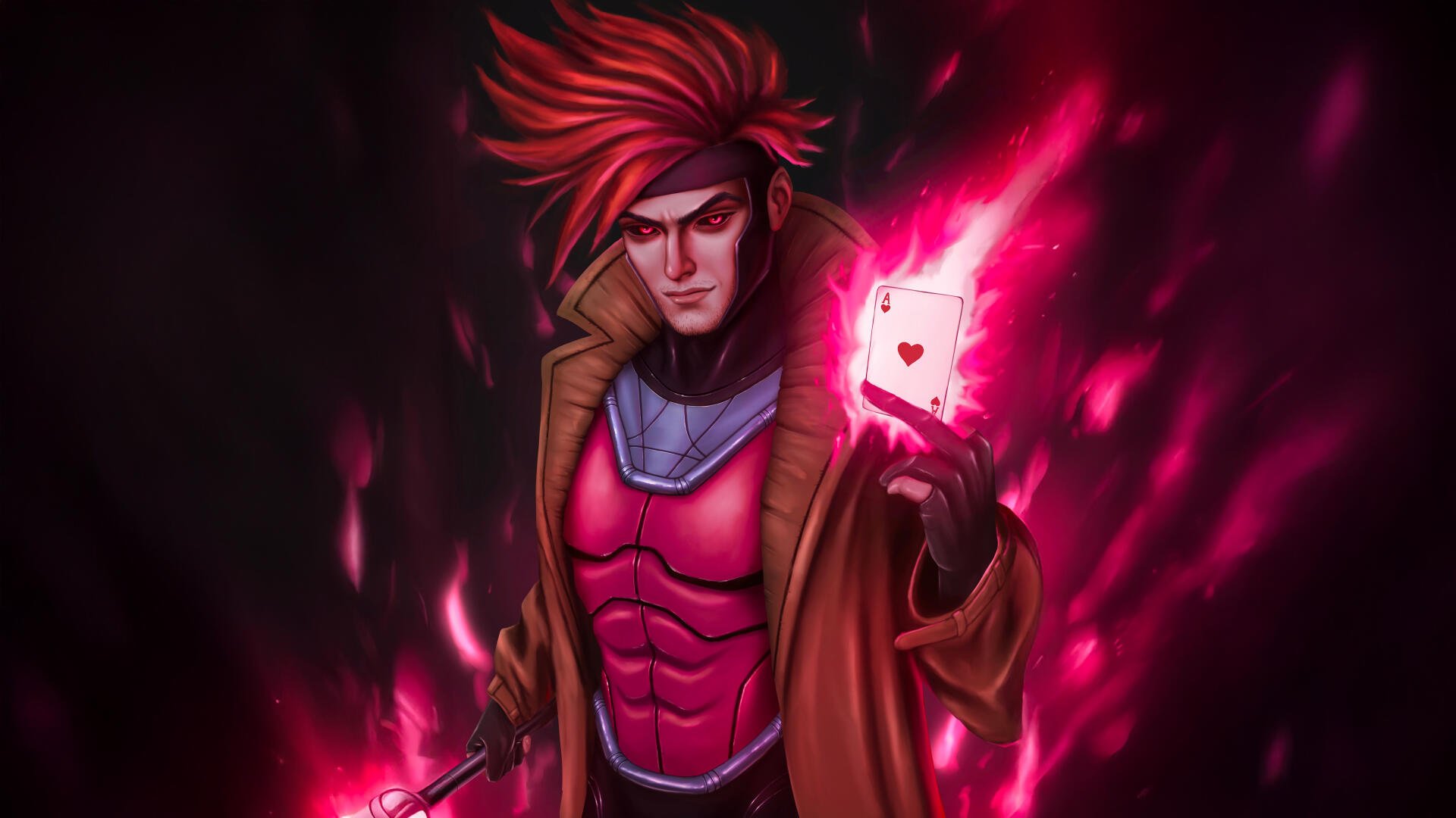 Dark digital art of Gambit (Marvel Comics) holding a glowing pink charged card and staff — 4K Ultra HD PC desktop wallpaper and background