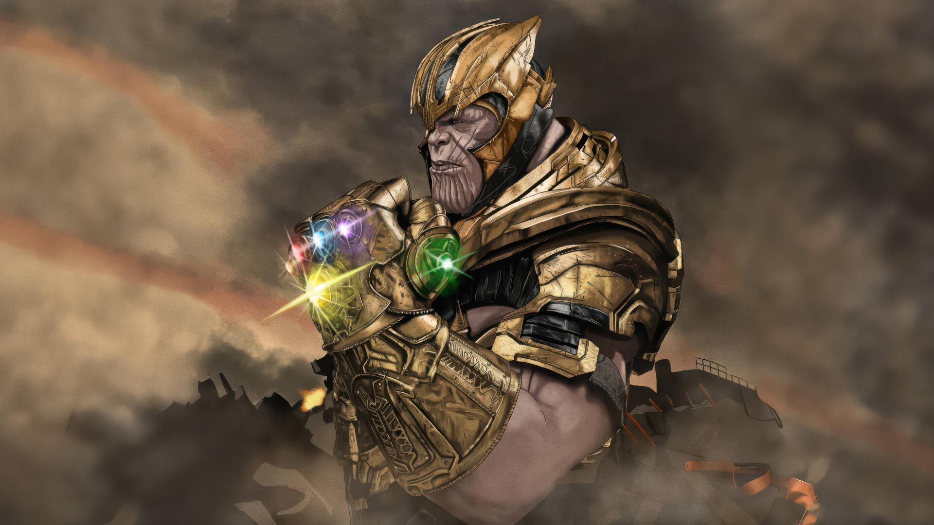 Thanos digital art: towering in golden armor clutching the glowing Infinity Gauntlet amid smoky ruins — 5K Ultra HD PC desktop wallpaper/background.