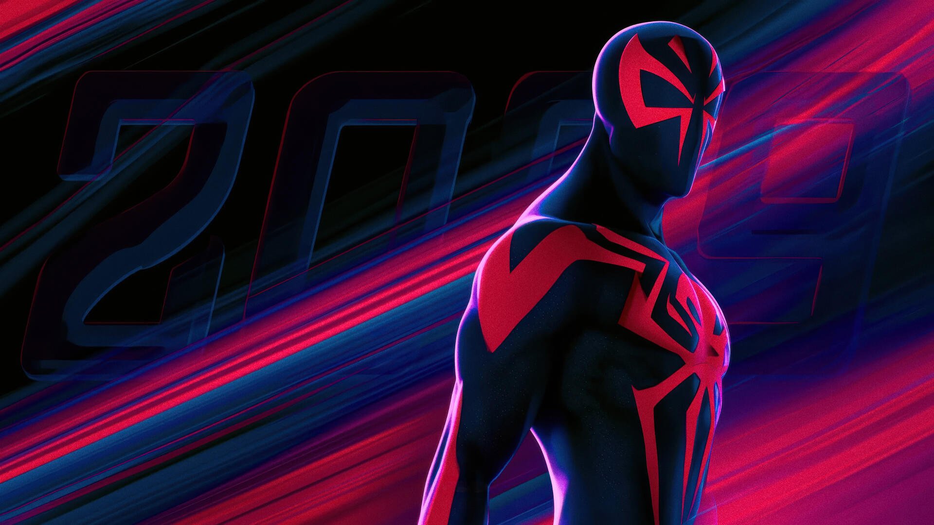 Spider-Man 2099 superhero digital art in bold neon blue and red, posed against sweeping streaks and 2099 typography — 4K Ultra HD PC desktop wallpaper/background.