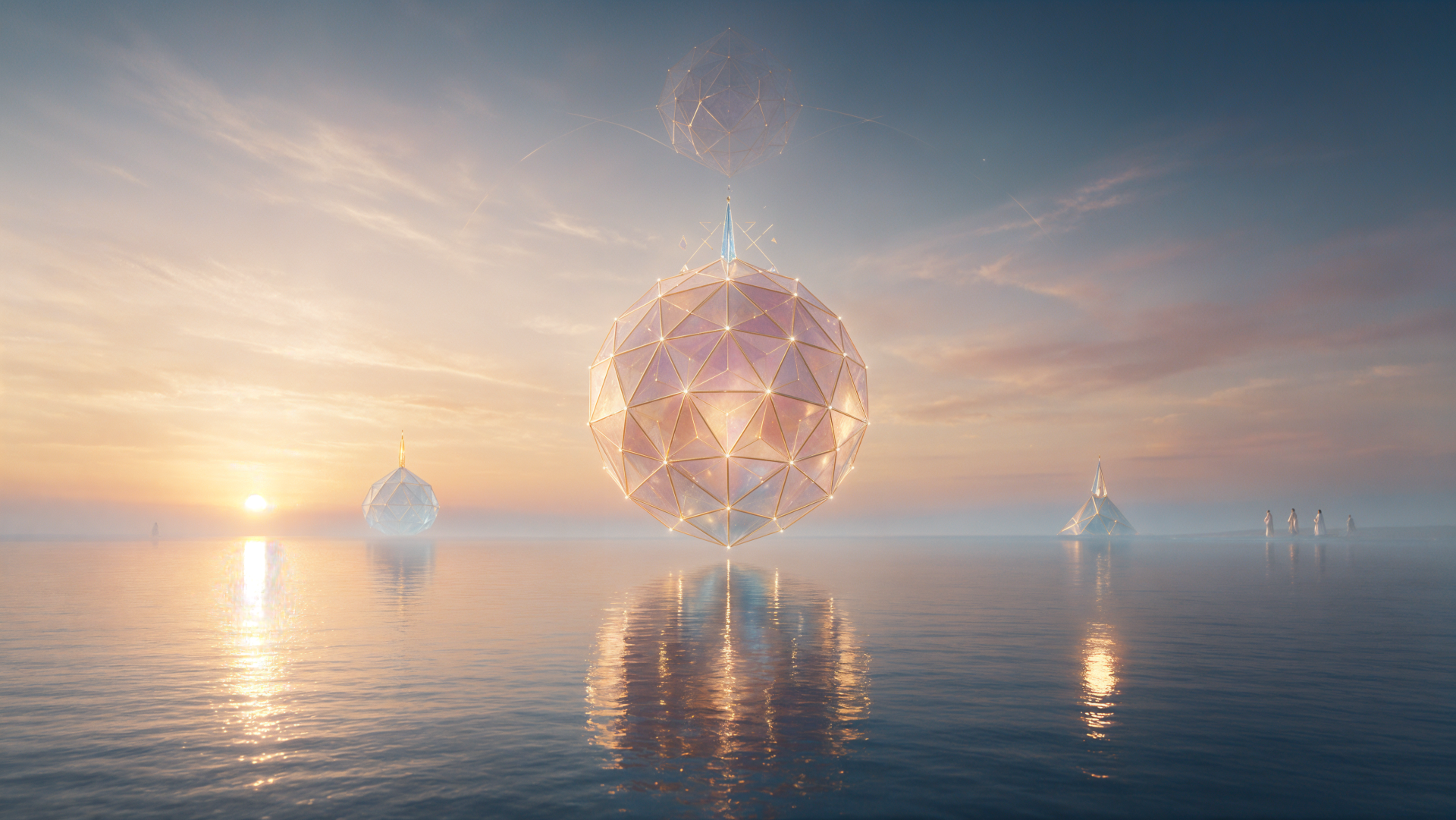4K Ultra HD PC desktop wallpaper: a faceted orb/sphere hovering above calm water at sunrise, its mirrored reflection stretching across the surface.
