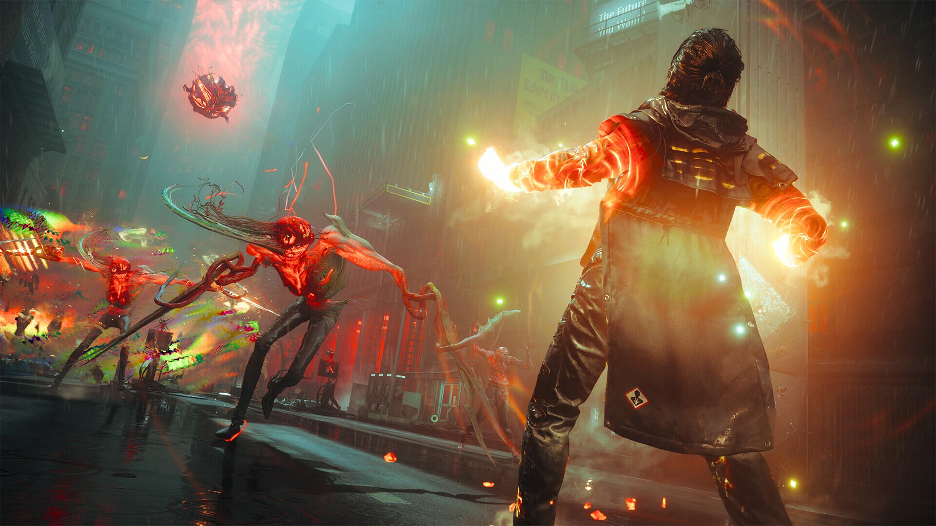 Video game HD PC desktop wallpaper: Control Resonant scene — an agent hurls glowing energy at twisting alien monsters amid neon-lit, rain-soaked city ruins.