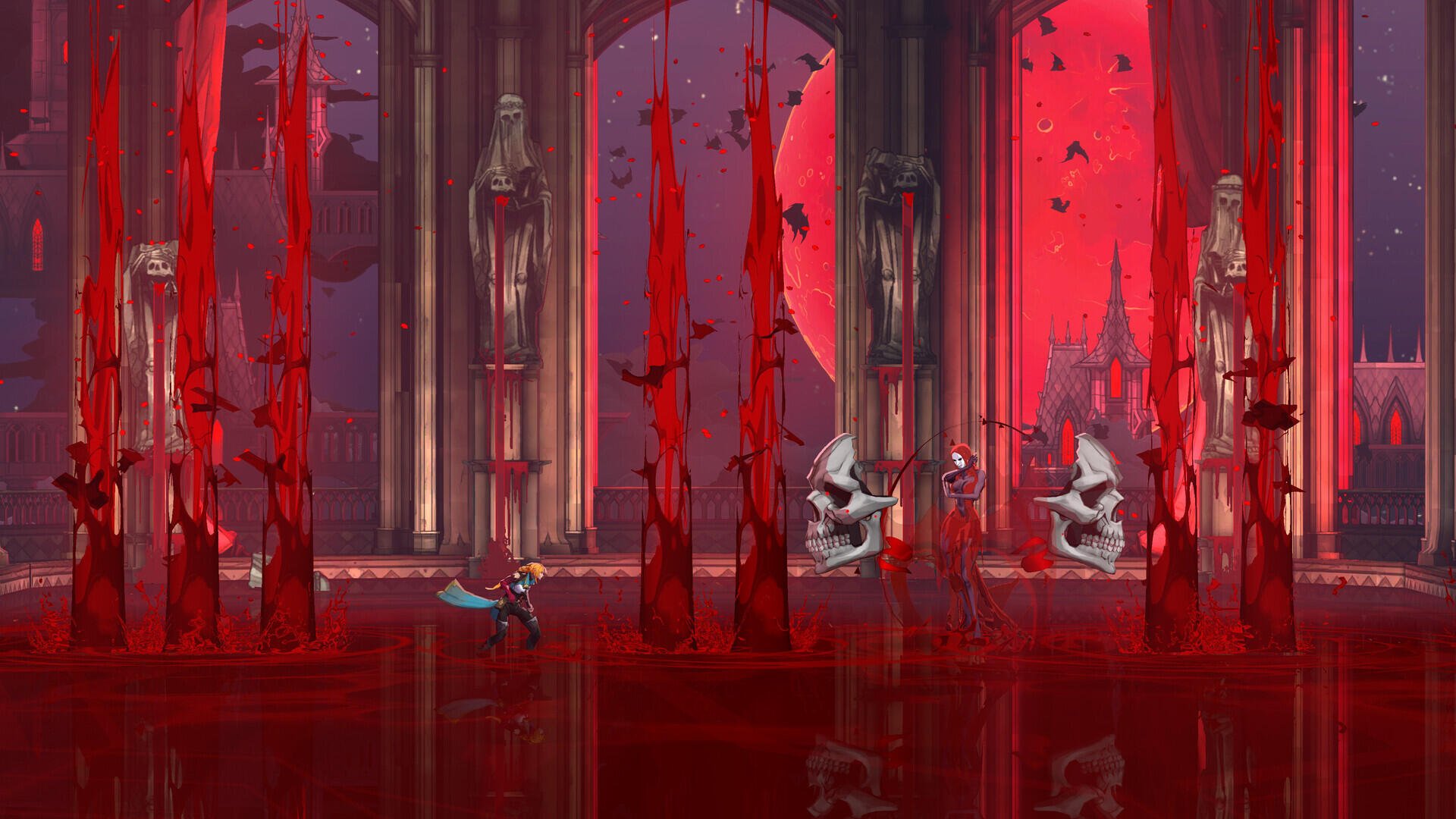 Video game HD PC desktop wallpaper of Castlevania: Belmont's Curse - Belmont in a blood-red castle hall with gothic pillars, statues, bats and a reflective floor