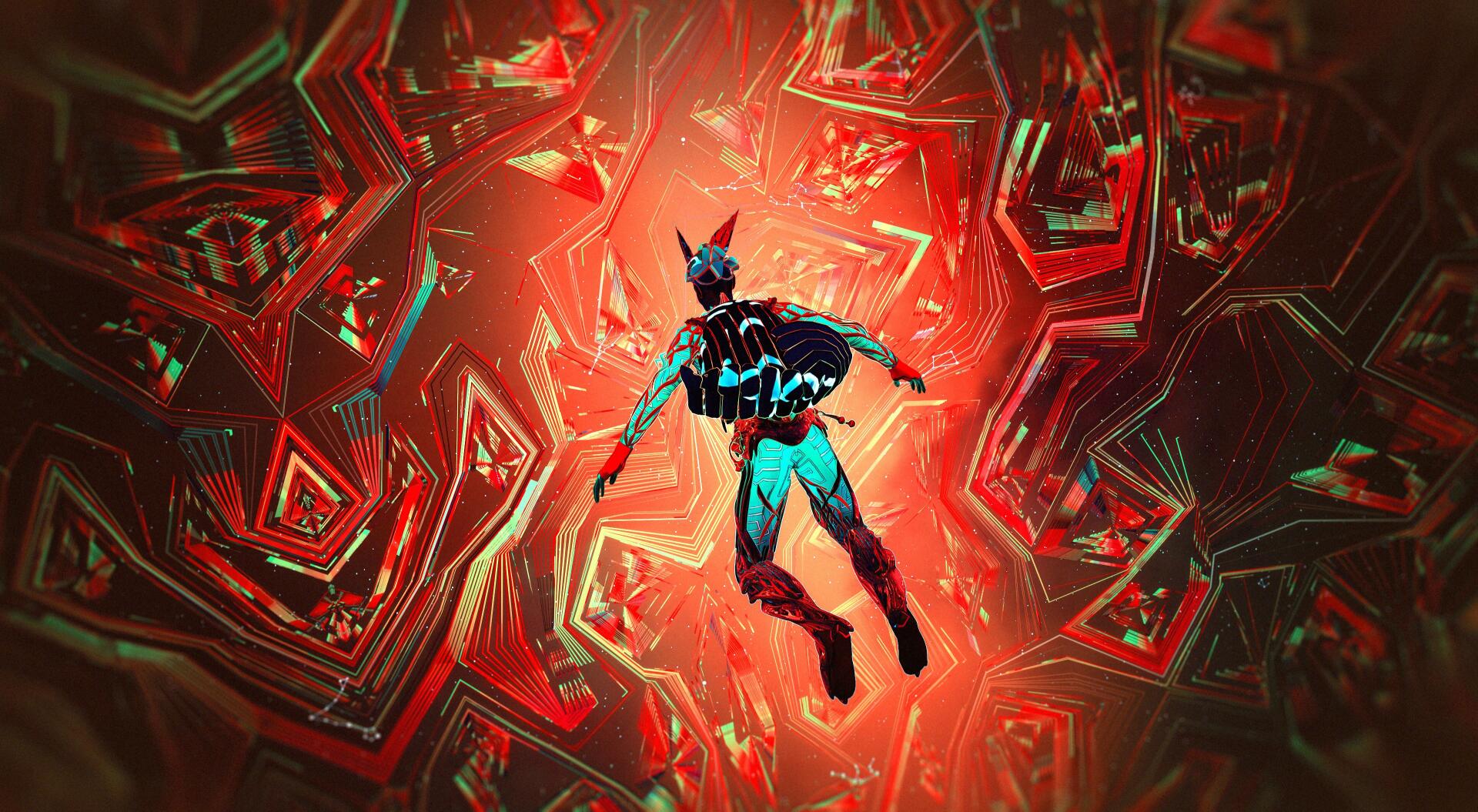 2K Quad HD PC desktop wallpaper from ETRE (video game): a cyborg in a neon suit drifting through a fractured red crystalline void, surrounded by jagged geometric shards.