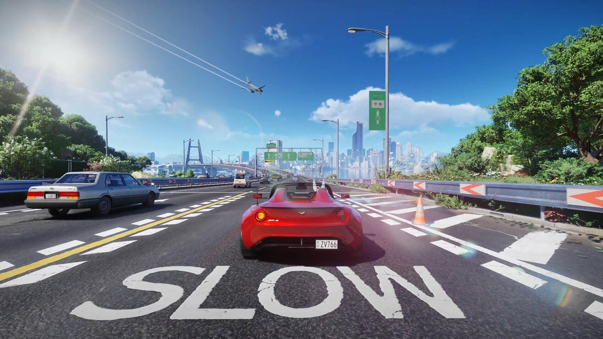 HD PC desktop wallpaper from the video game Ananta: red sports car on a sunlit highway heading toward a futuristic city, SLOW painted on the road.