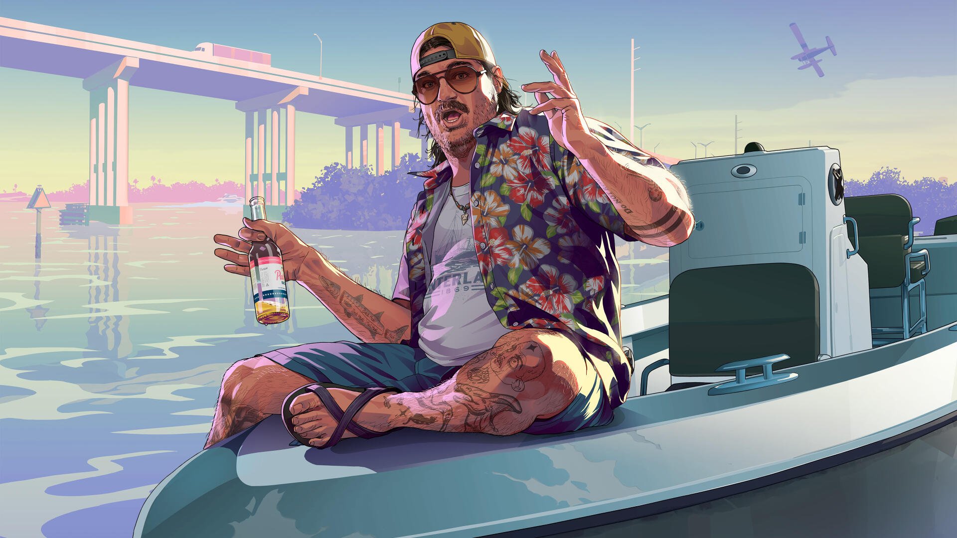 Grand Theft Auto VI video game 4K PC wallpaper: tattooed man in a floral shirt lounges on a boat with a beer, city skyline and bridge at sunset, plane overhead.