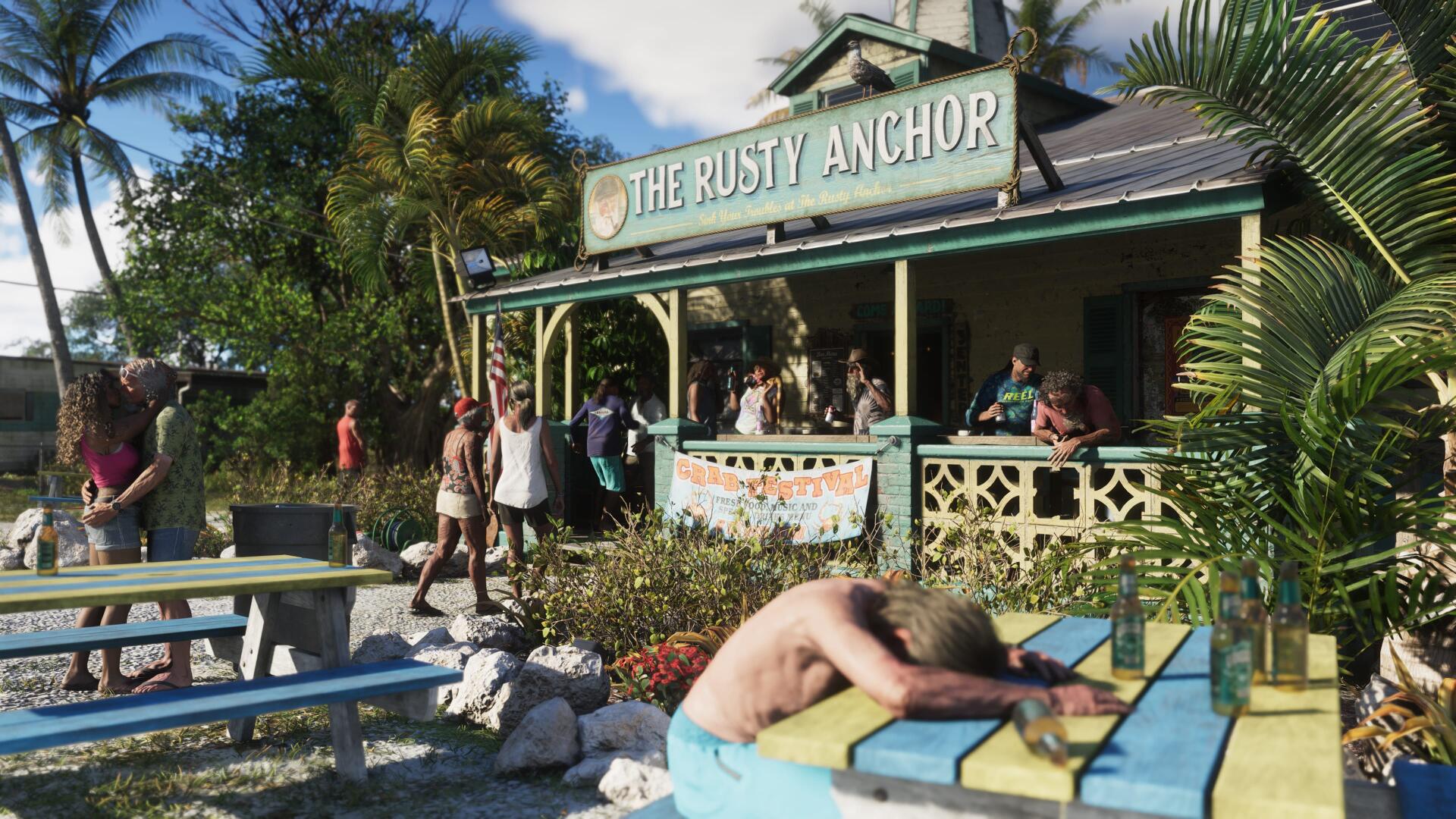 Grand Theft Auto VI video game 4K Ultra HD PC wallpaper showing a sunlit bar-restaurant The Rusty Anchor with patrons and a man slumped over a picnic table.