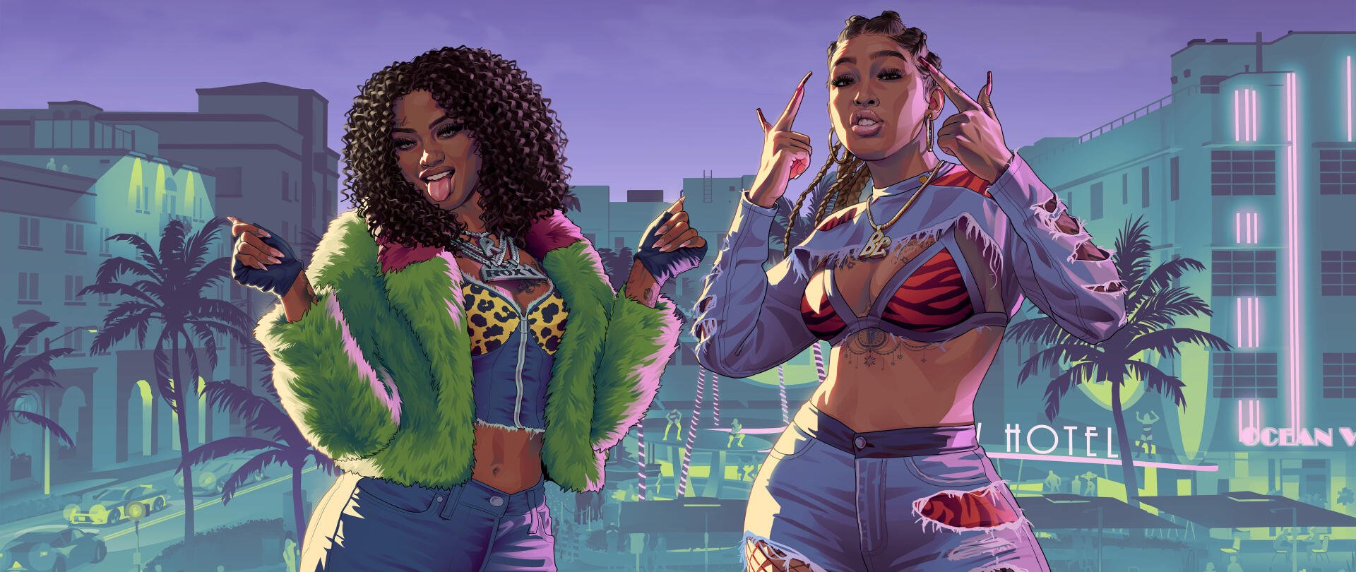 4K Ultra HD Grand Theft Auto VI video game PC wallpaper: two fashionable women in bold streetwear posing in a neon-lit cityscape.