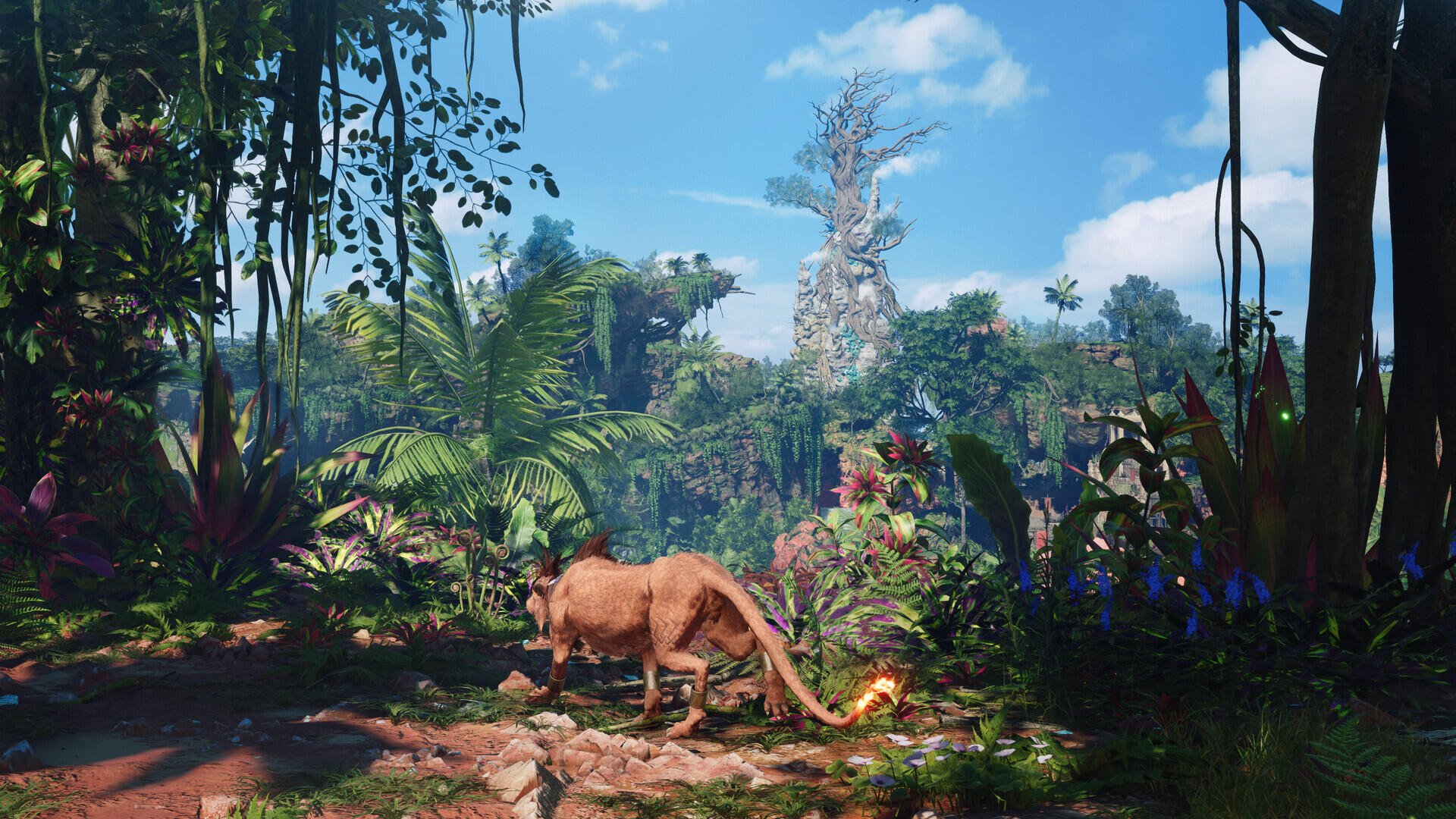 HD PC desktop wallpaper: video game scene from Final Fantasy VII Revelation (Final Fantasy) — lush jungle with a small dinosaur-like creature among tropical foliage.