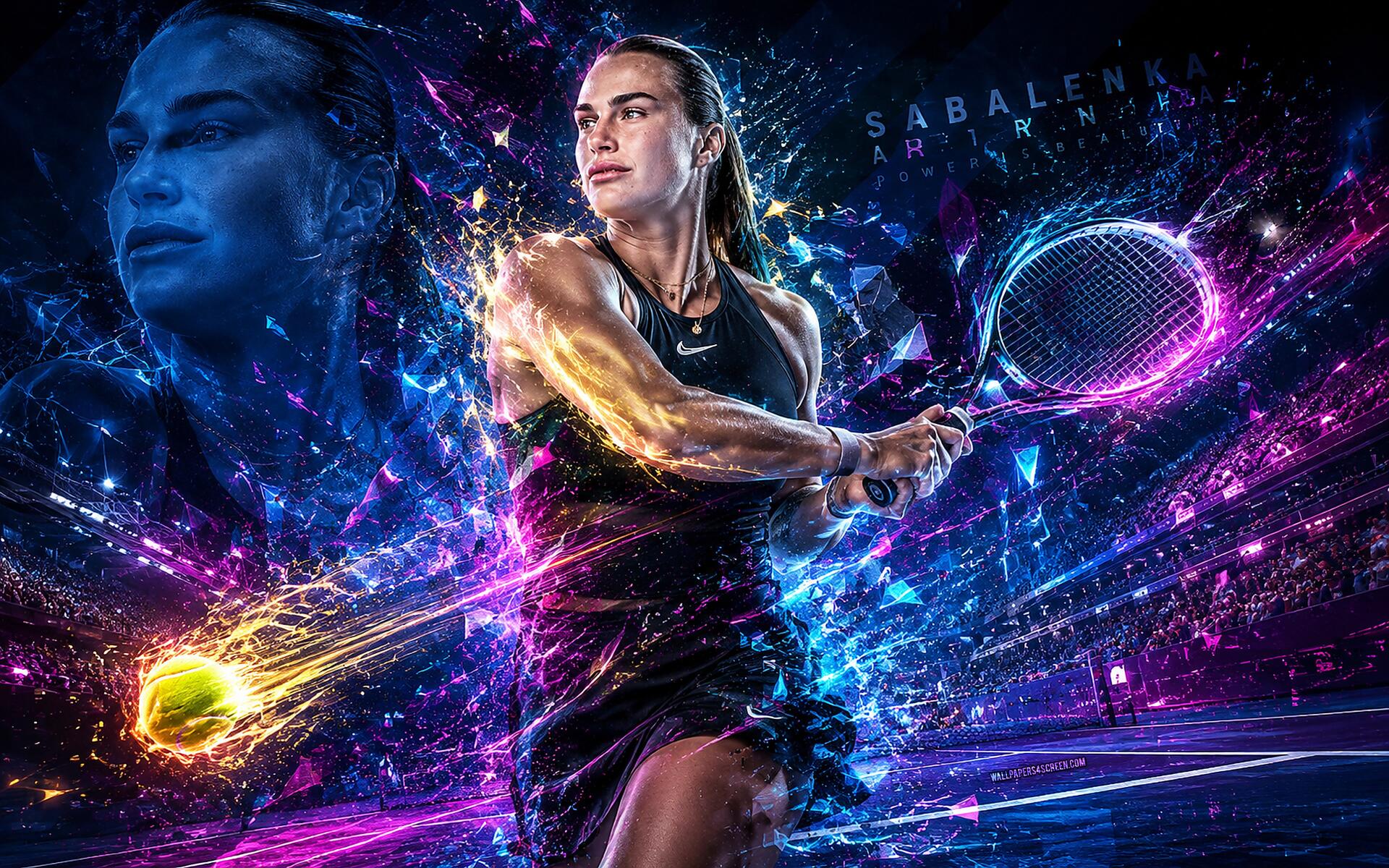 4K Ultra HD PC desktop wallpaper/background: dynamic sports tennis scene of a female pro mid-swing, glowing neon energy trails and cosmic motion effects.