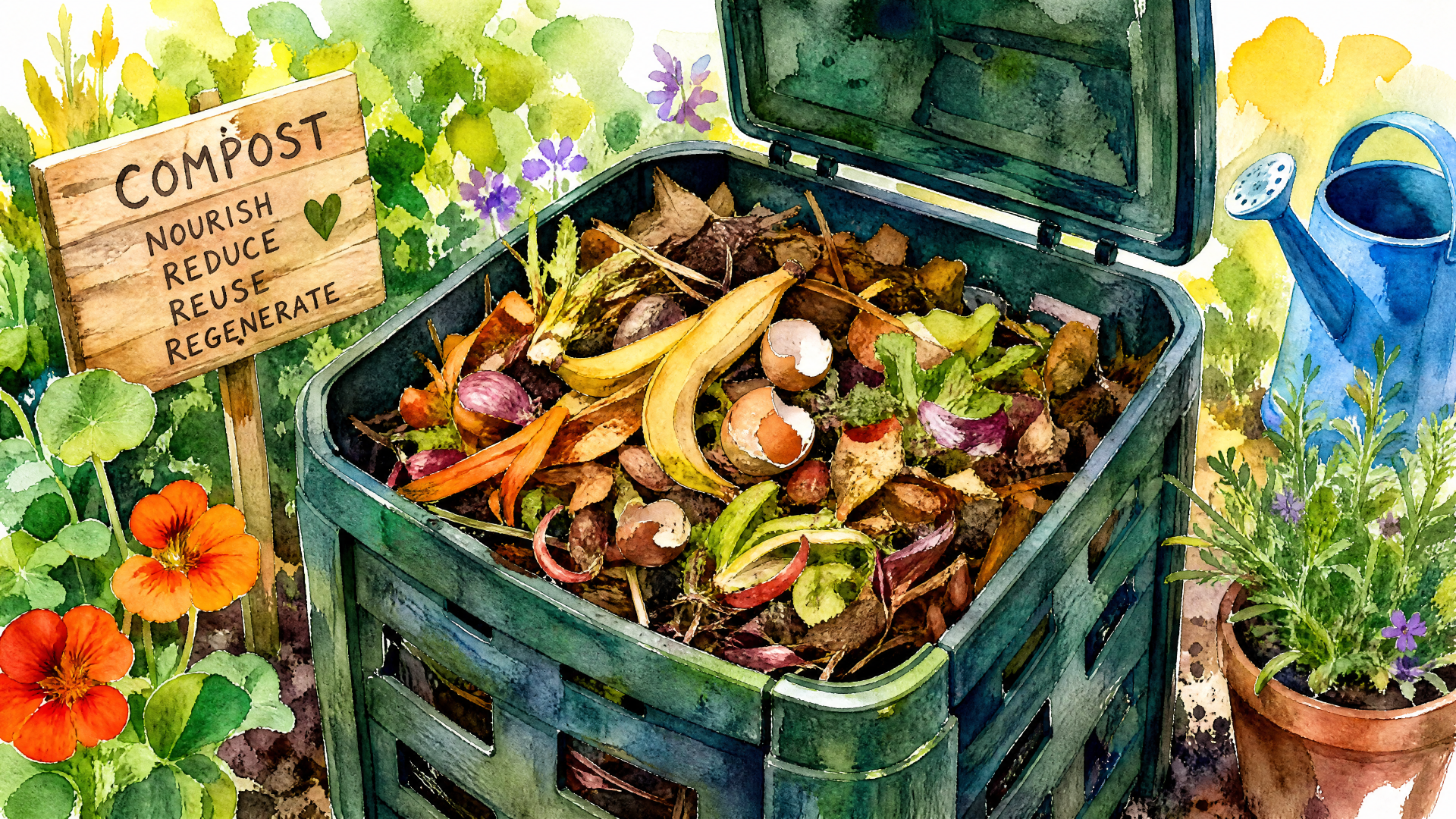 4K Ultra HD PC desktop wallpaper: garden compost bin brimming with fruit peels, eggshells and leaves, a sign promoting composting — composting, compost, compost bin, garden
