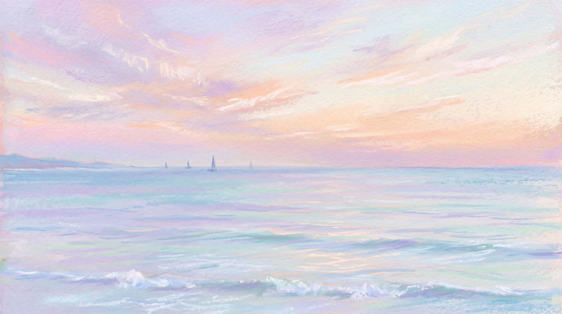 5K Ultra HD PC desktop wallpaper of a pastel seascape: calm ocean horizon, gentle waves and distant sailboats.