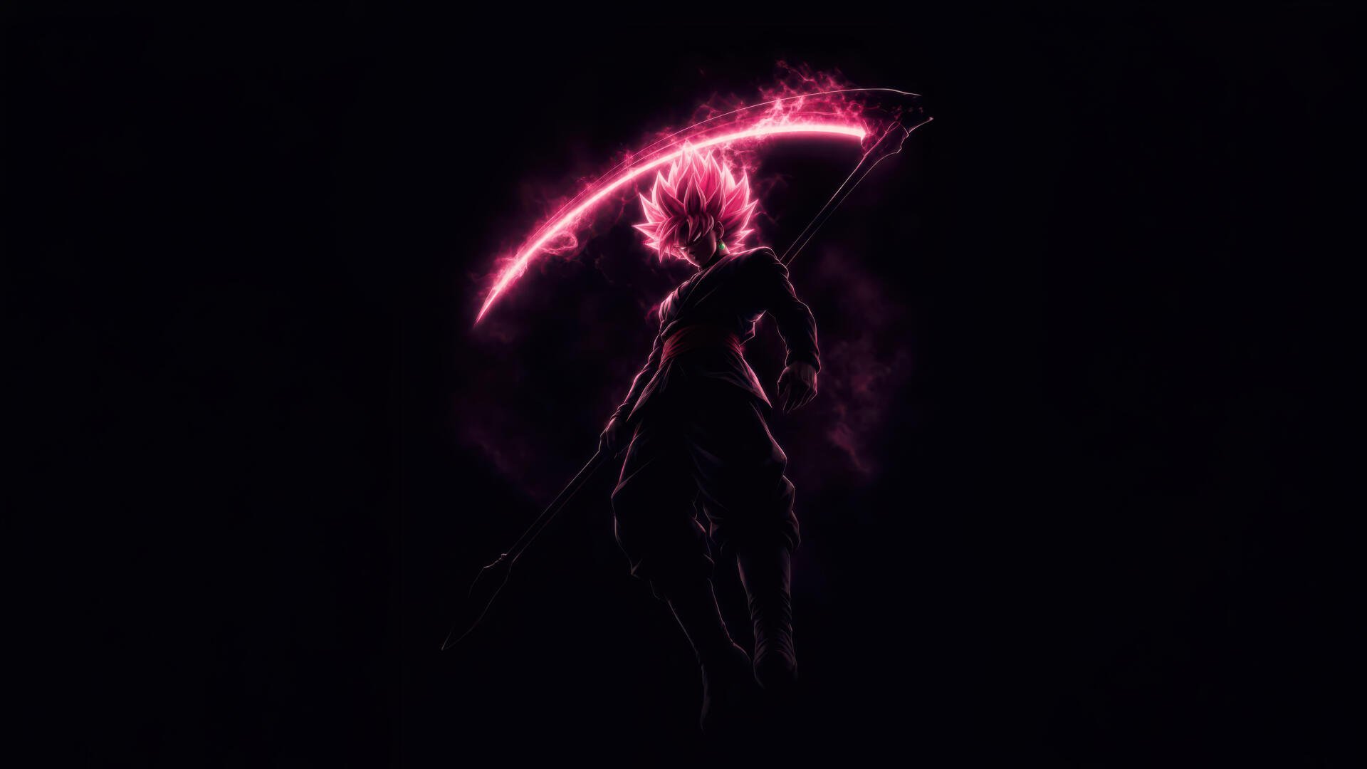 Black GokuGo anime silhouette wielding a pink energy scythe, neon aura on a deep black backdrop — 5K Ultra HD PC desktop wallpaper/background.
