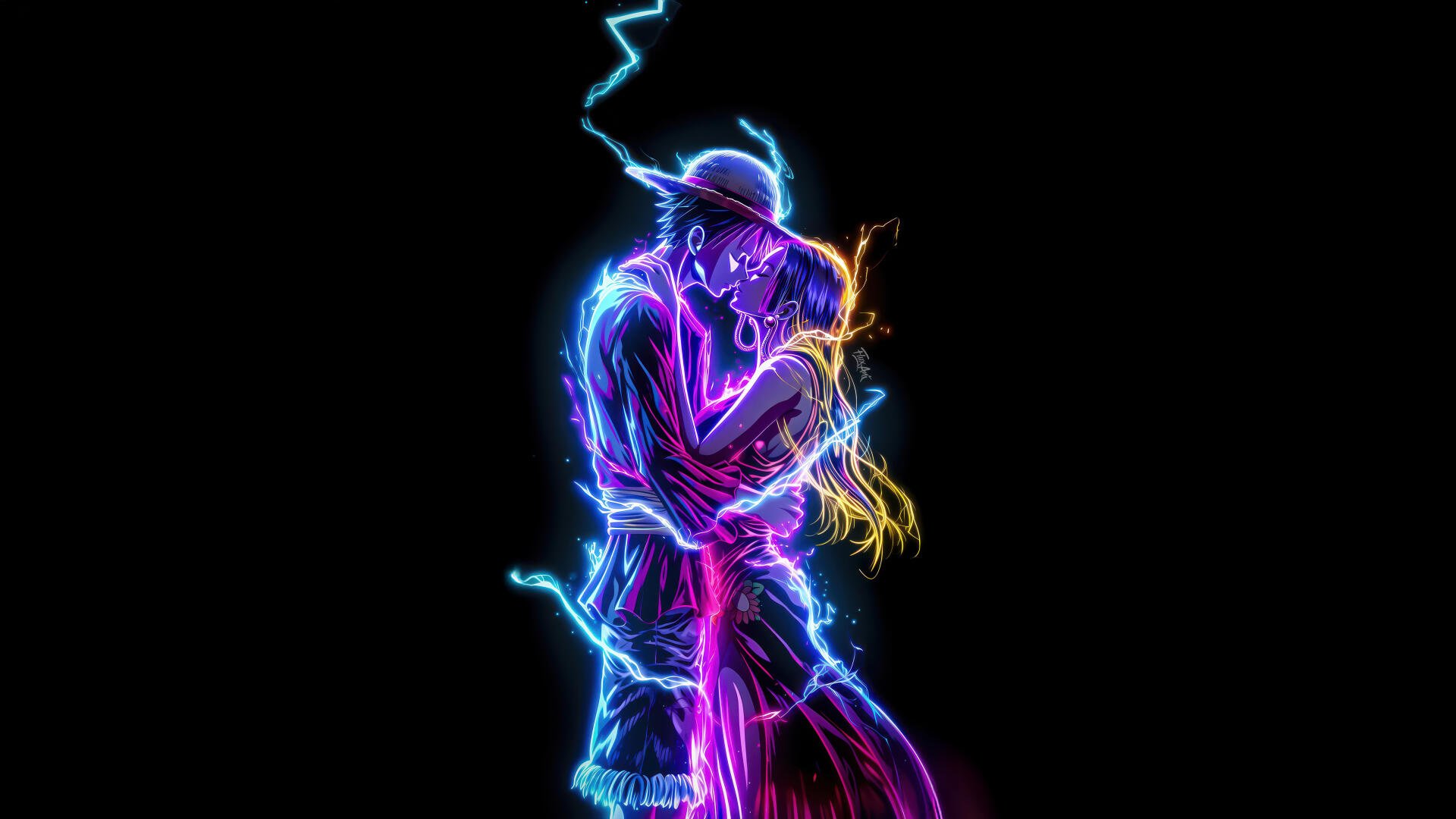 5K Ultra HD PC wallpaper of One Piece's Boa Hancock and Monkey D. Luffy in a neon electric embrace against a black anime background.