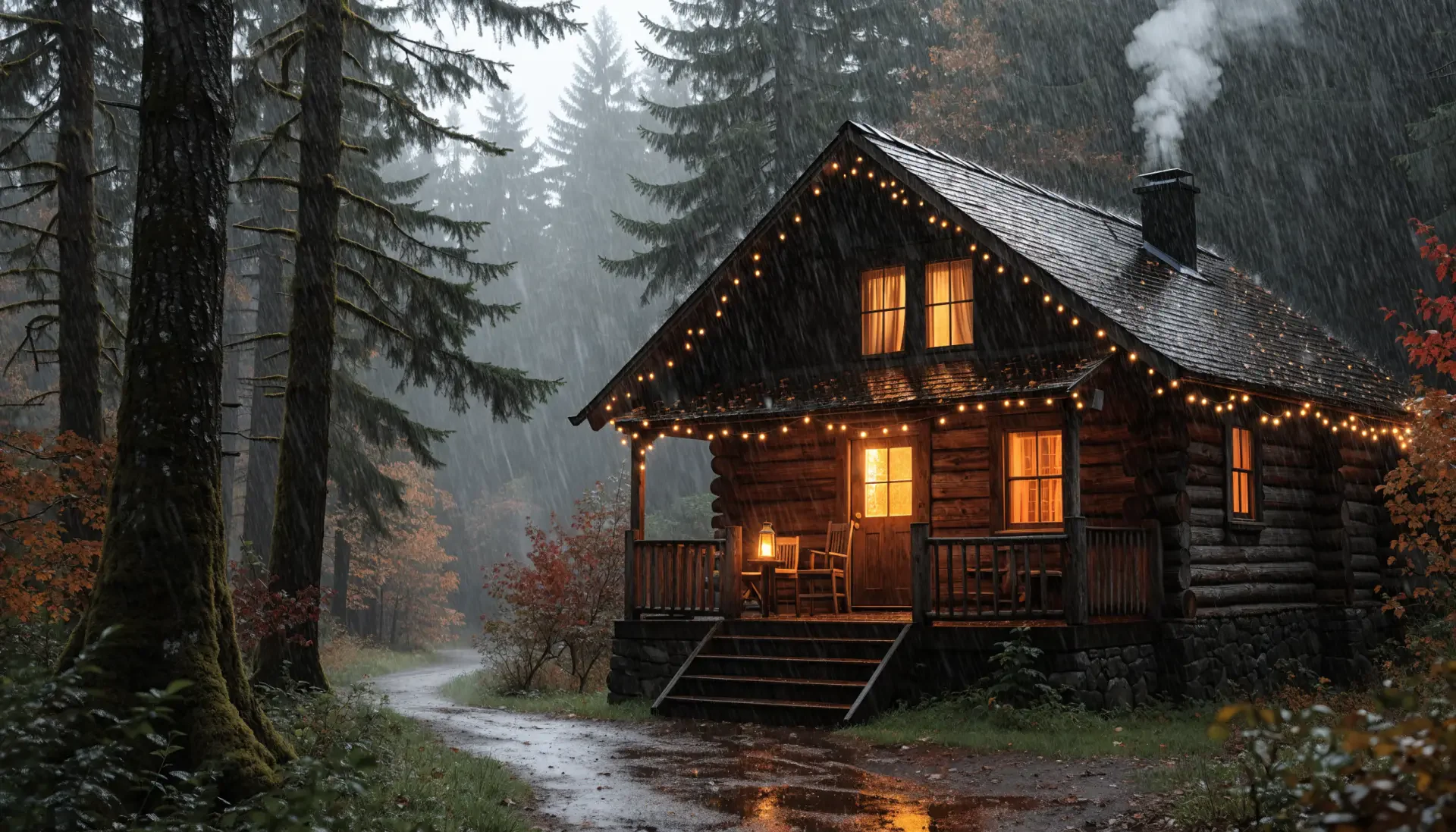 2K Quad HD PC desktop wallpaper/background: fall cabin — cozy log house in a misty forest, warm glowing windows and chimney smoke, rain‑slick path winding past towering pines.
