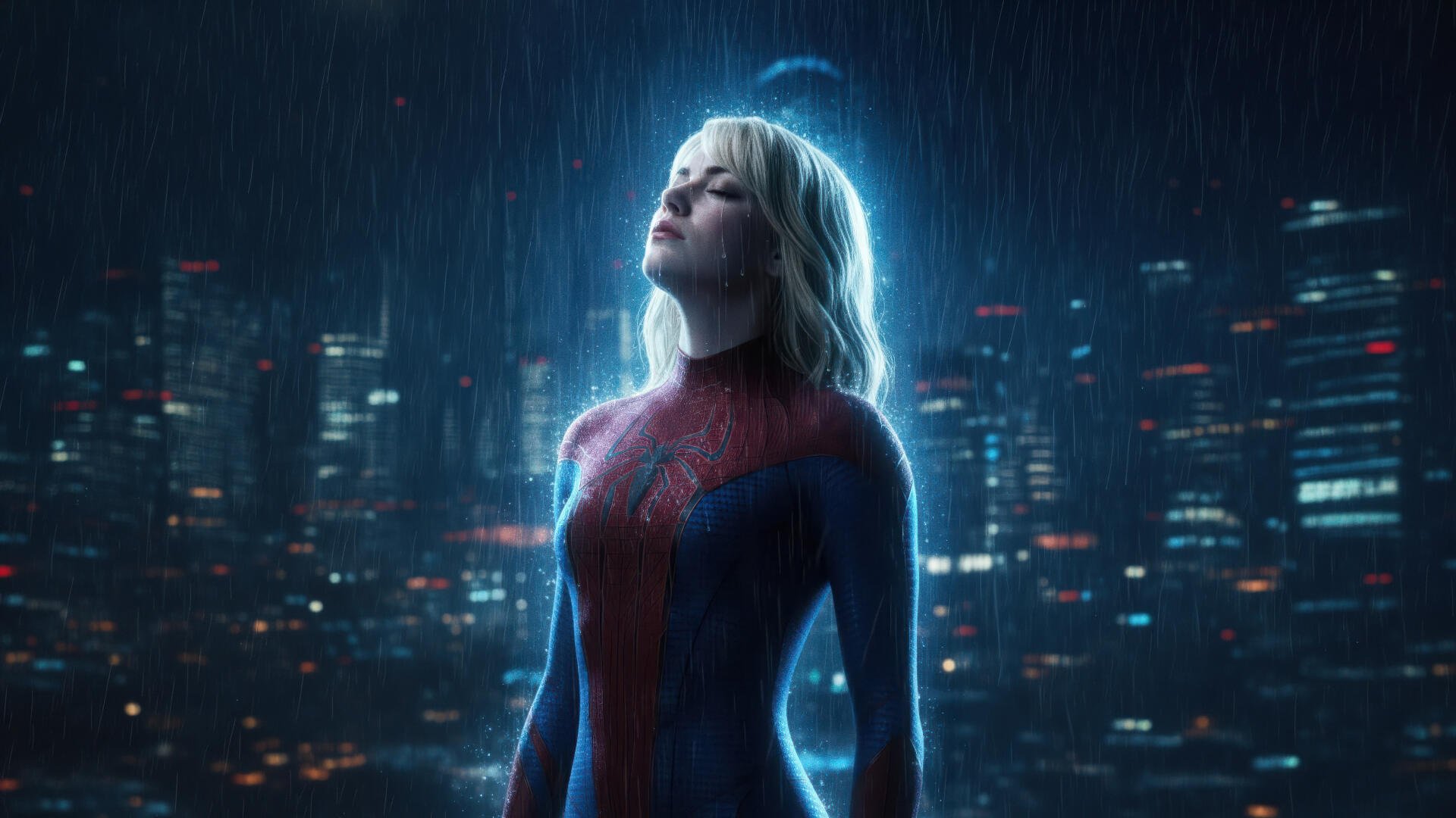 Spider-Girl in a red-and-blue Spider-Man suit, standing in rain before a neon-lit city skyline, digital art superhero portrait — 4K Ultra HD PC desktop wallpaper/background.
