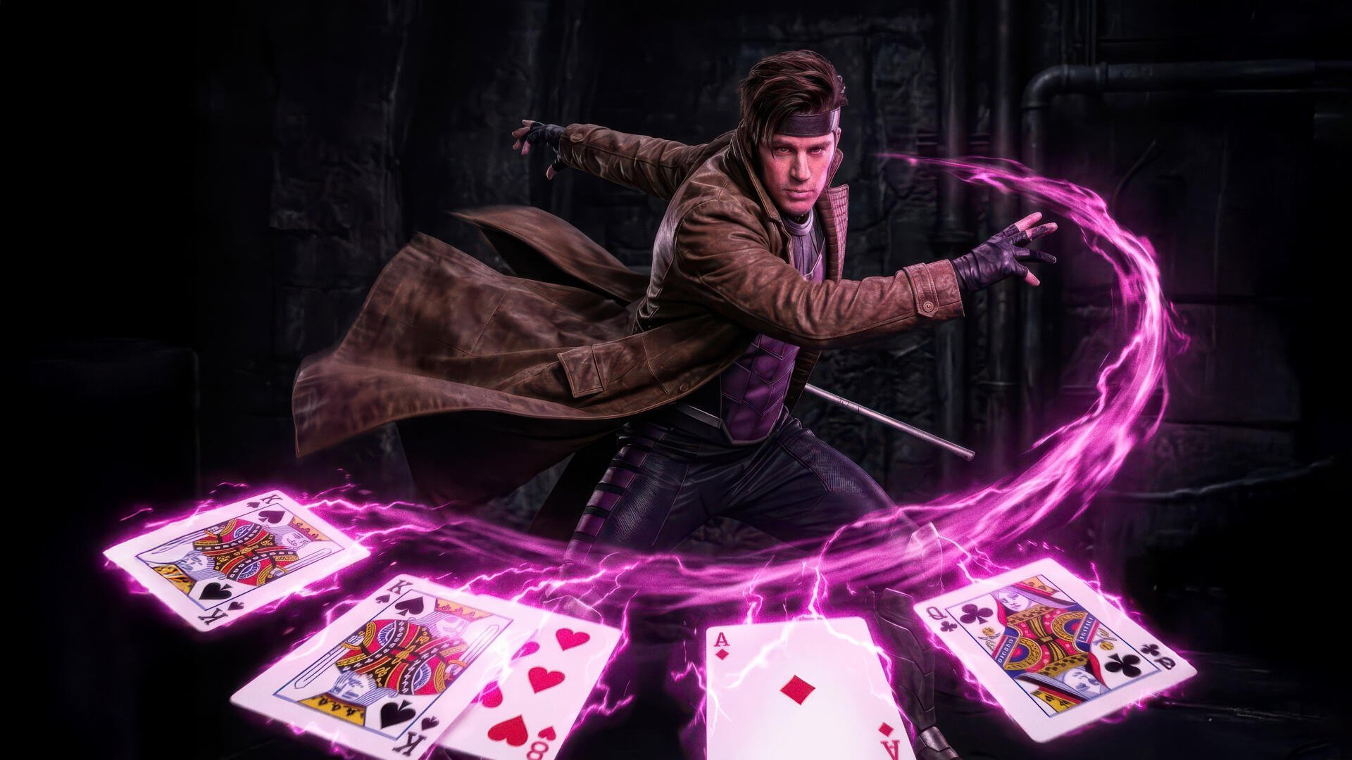 Gambit (Marvel Comics) hurls glowing magenta-charged playing cards in a dark industrial scene — Avengers: Doomsday, Avengers 4K Ultra HD PC desktop wallpaper/background.
