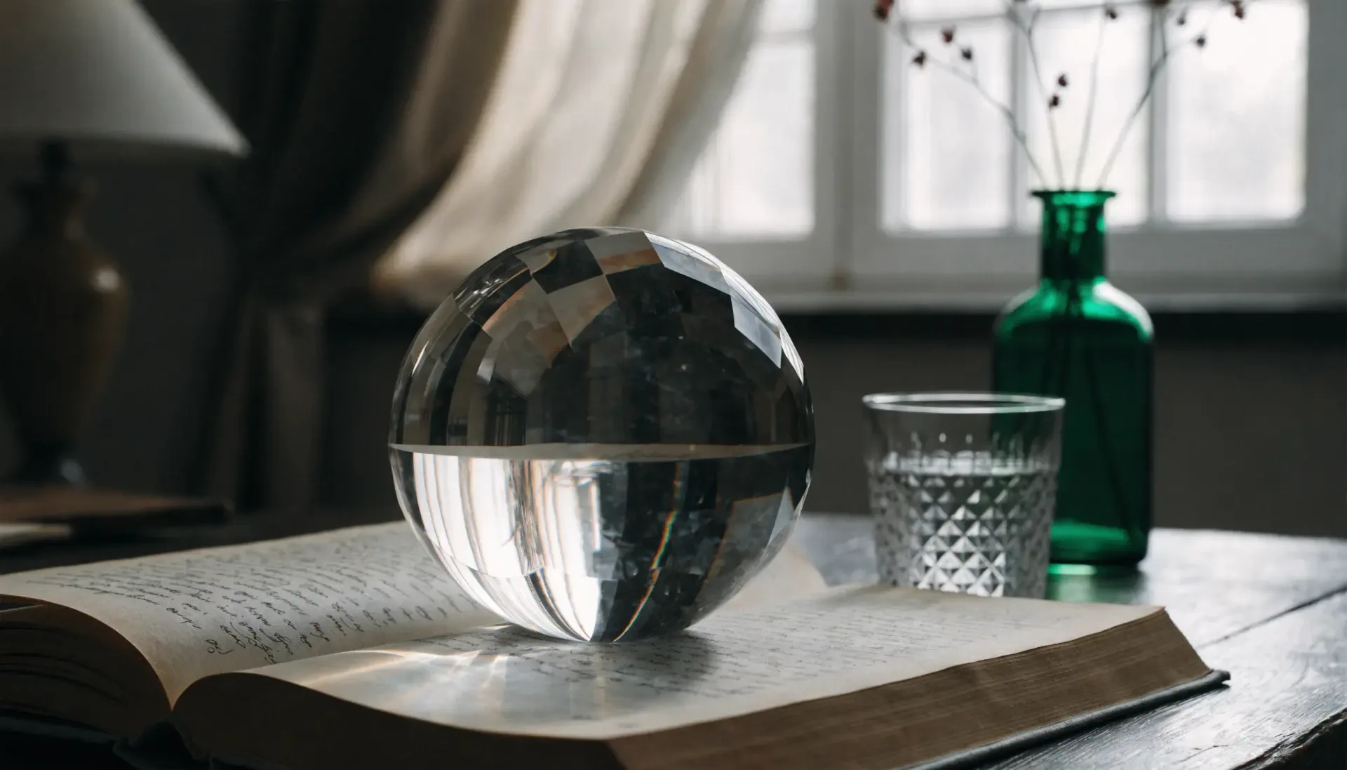 2K Quad HD PC desktop wallpaper: study aesthetic featuring a crystal ball on an open book, a cut-glass tumbler and green bottle on a sunlit desk by a window.