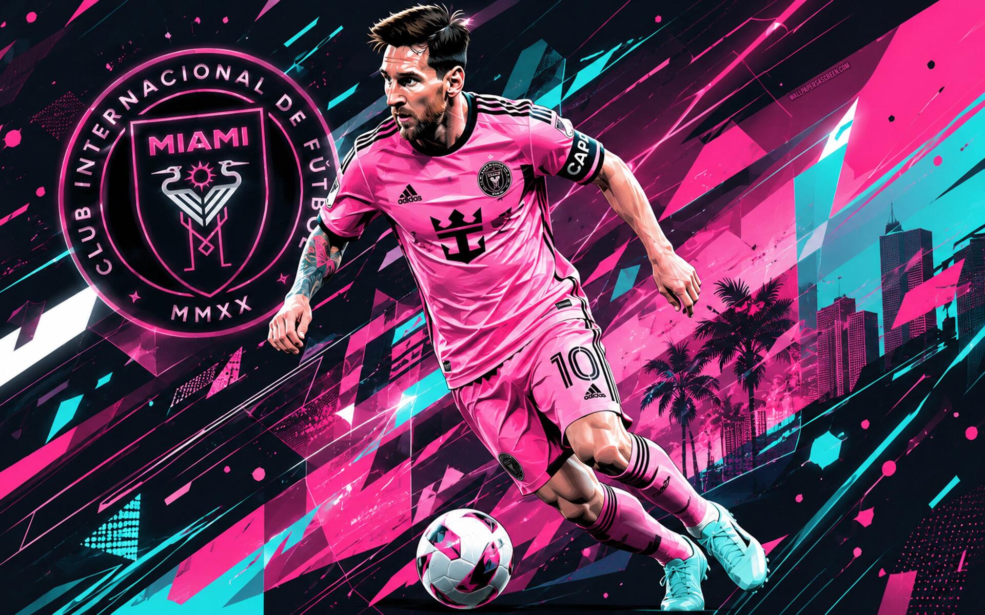 4K Ultra HD desktop wallpaper: Inter Miami CF MLS No.10 forward in pink kit dribbling a soccer ball with club crest and neon Miami skyline.