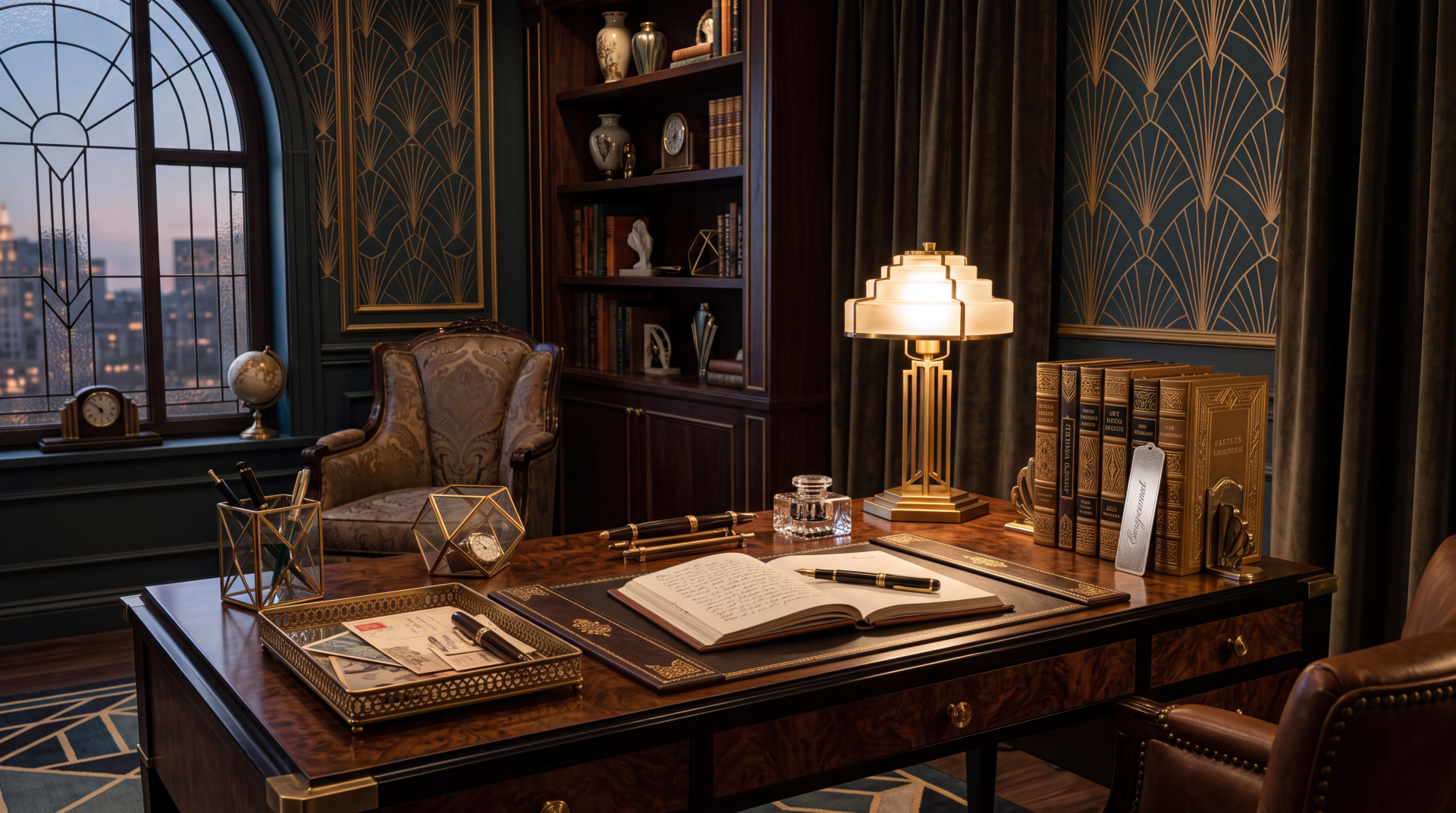 5K Ultra HD PC desktop wallpaper: cozy study aesthetic office with leather desk, glowing brass lamp, open book, organized bookshelf and arched window city view.