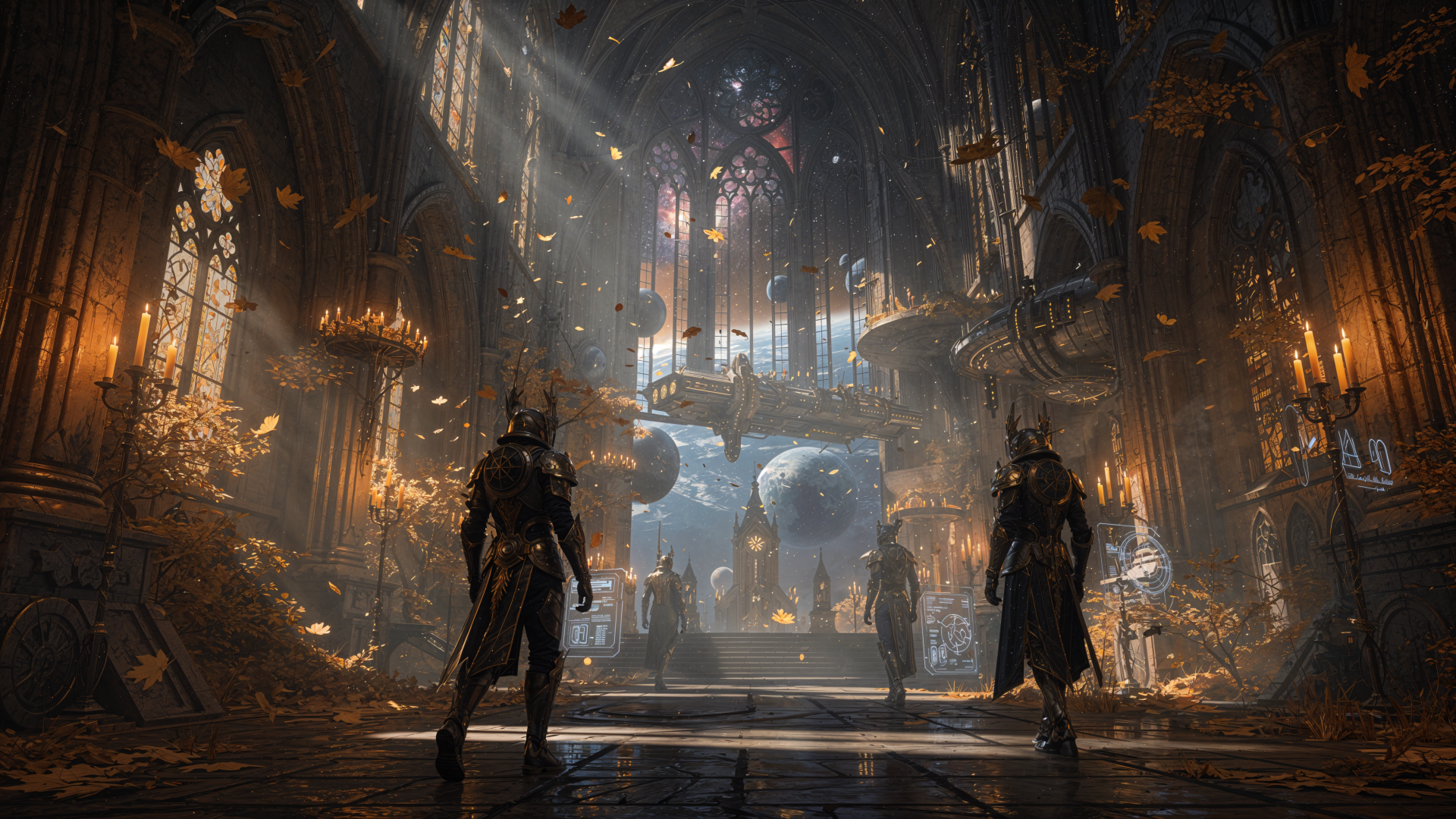 Gothic cathedral interior with fall aesthetic: sunlit stained glass, drifting leaves, and armored knights in the nave — 4K Ultra HD PC desktop wallpaper and background.