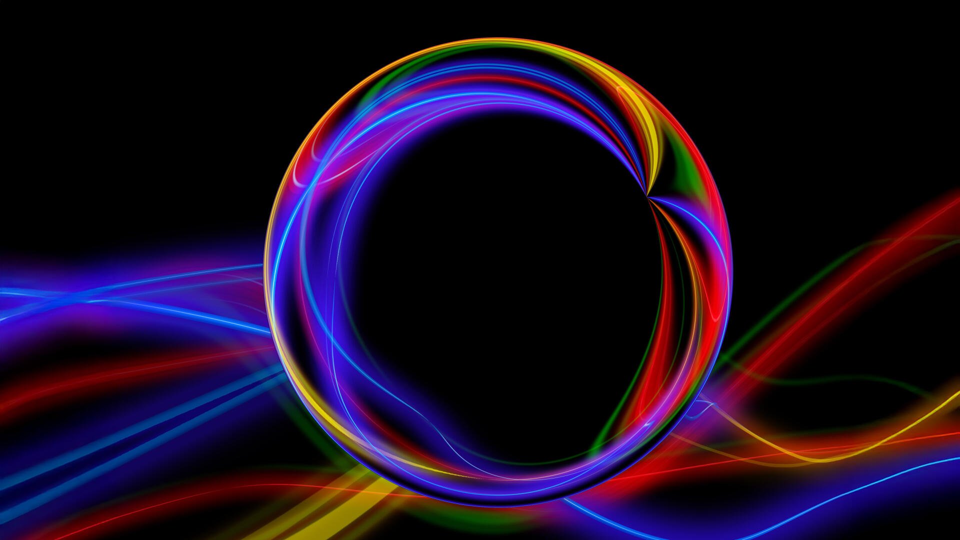 Abstract rainbow neon circle with flowing multicolored light trails on a black background — 4K Ultra HD PC desktop wallpaper and background.