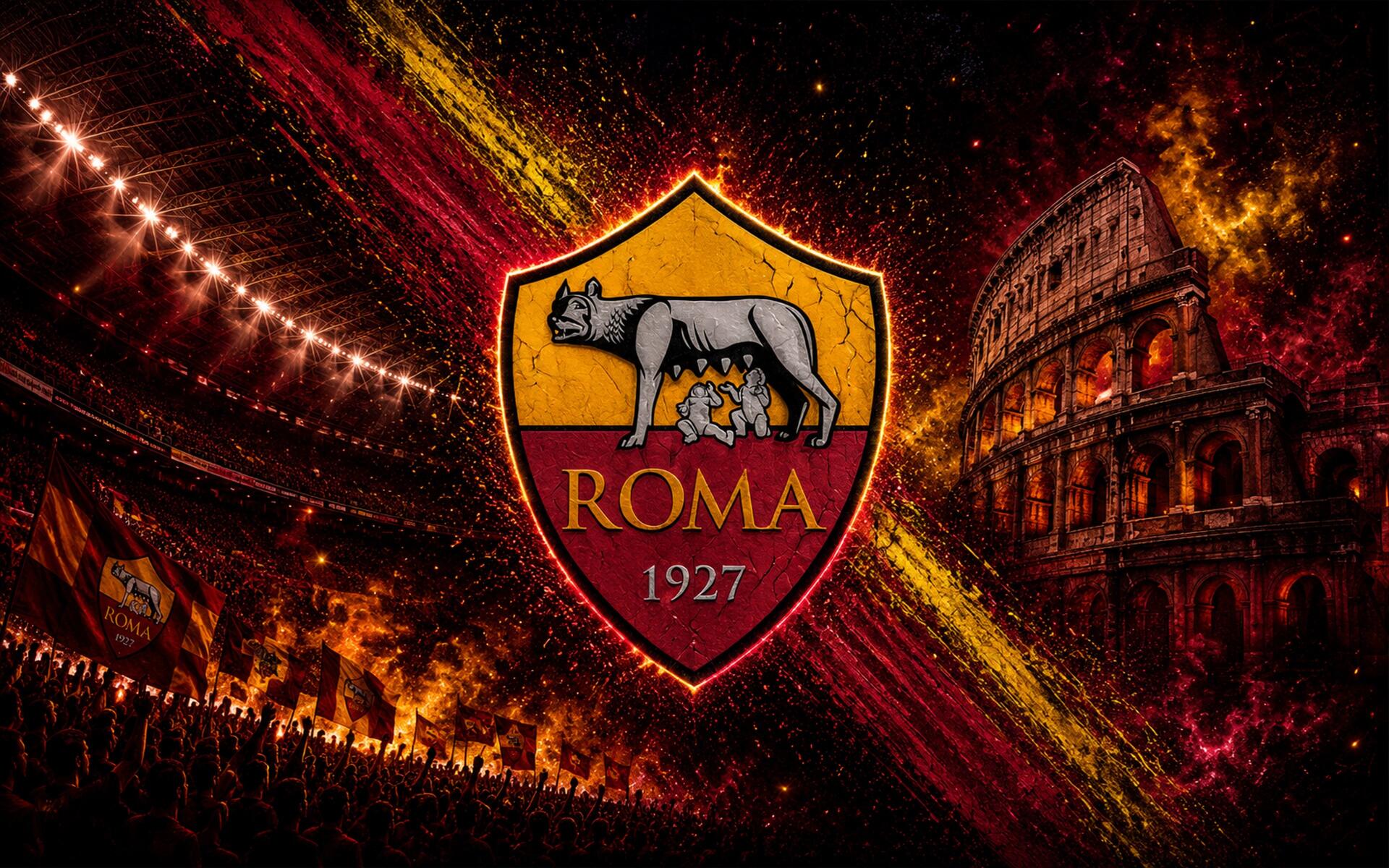 4K Ultra HD PC desktop wallpaper background: A.S. Roma crest over fiery stadium and Colosseum, vivid club colors and crowd flares — soccer sports-themed image.