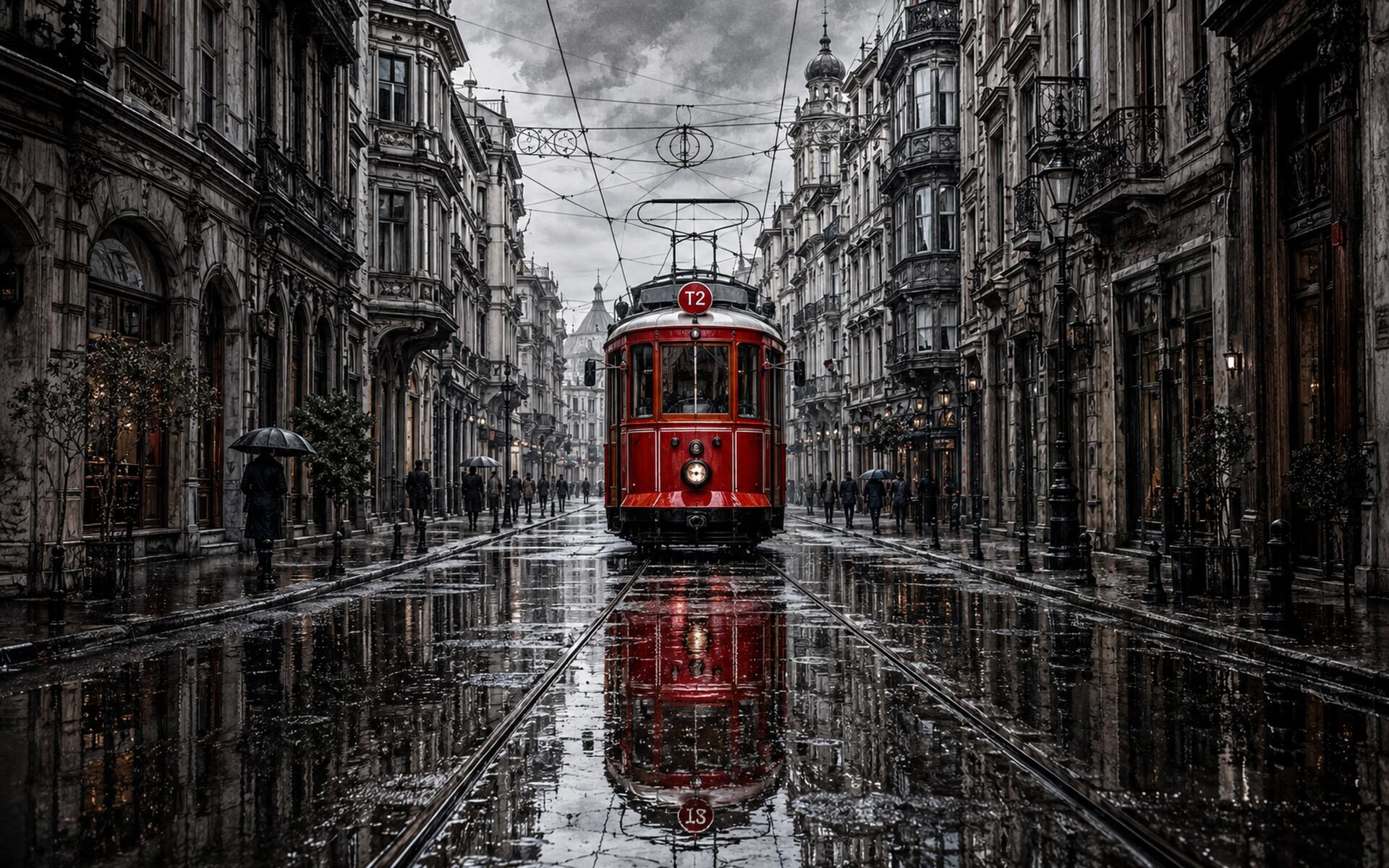 4K Ultra HD PC desktop wallpaper: vintage red tram on rain‑slicked tracks, reflected in puddles as it moves through a moody, historic city street.