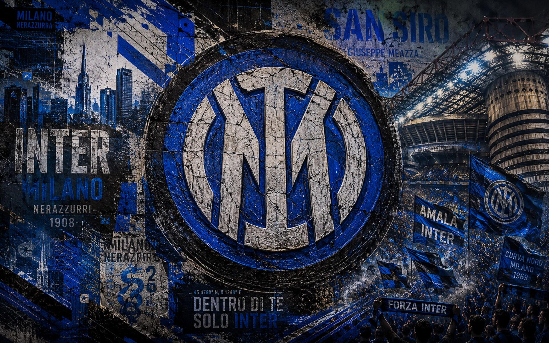 Blue-black Inter Milan crest centered over a grungy San Siro and city skyline, energetic soccer sports composition — 4K Ultra HD PC desktop wallpaper background.