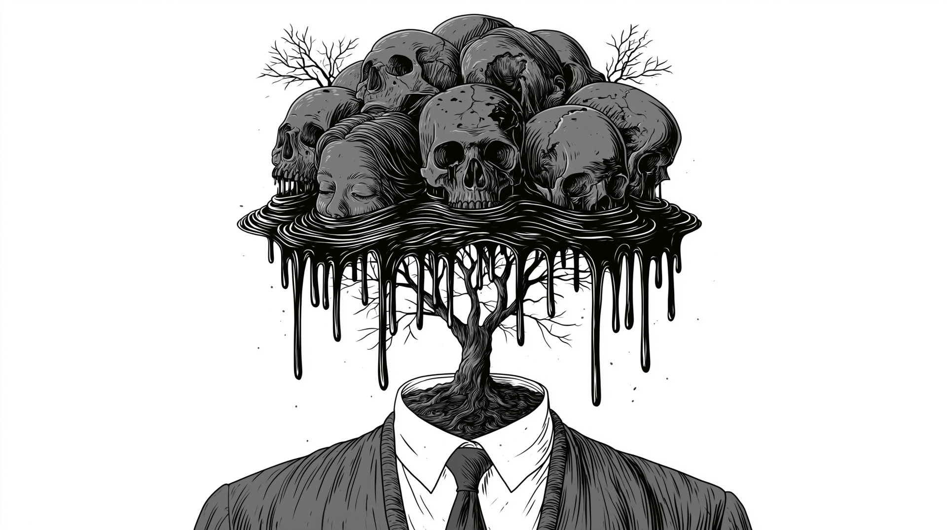 Dark surreal 2K Quad HD PC desktop wallpaper: a suited figure with a tree for a head, its bare branches bearing a dripping crown of skulls and faces in stark black-and-white art.