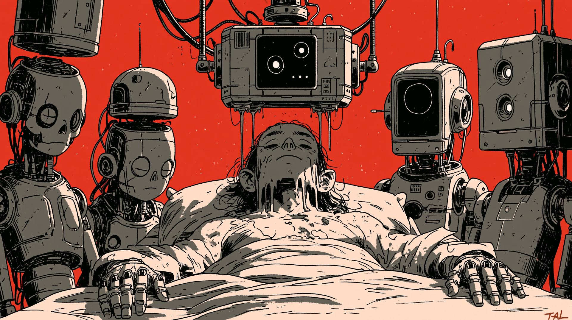 Sci‑fi 2K Quad HD desktop wallpaper: an injured human on an operating table surrounded by androids and robots, a stark red backdrop exploring humanity versus machine.