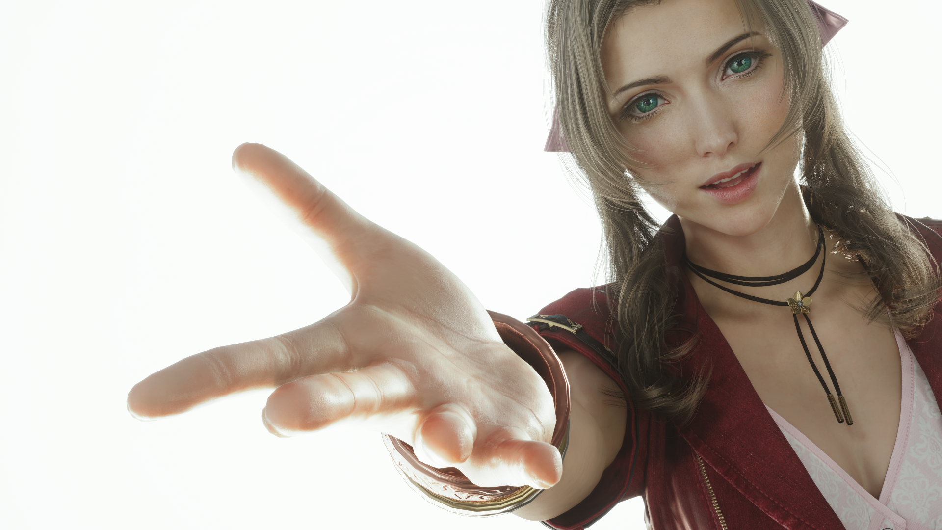 Final Fantasy VII Rebirth 4K Ultra HD PC wallpaper: close-up of Aerith Gainsborough reaching toward the viewer with a warm smile and soft backlighting