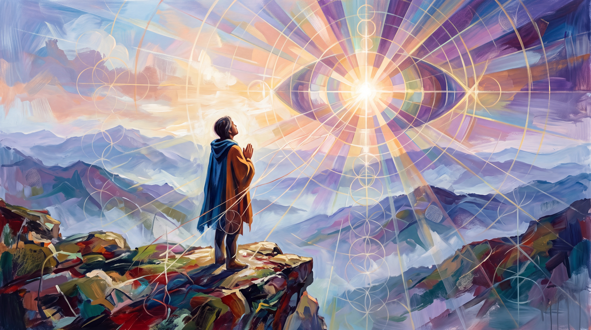 5K Ultra HD PC desktop wallpaper: a grateful figure stands on a mountain cliff at sunrise as radiant rays form a luminous eye over misty peaks.
