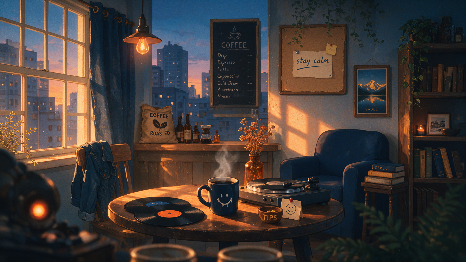 Cozy coffeehouse lofi cafe interior at dusk: steaming mug on a table with vinyl, warm lamp glow, bookshelf and city skyline — 4K Ultra HD PC desktop wallpaper/background.