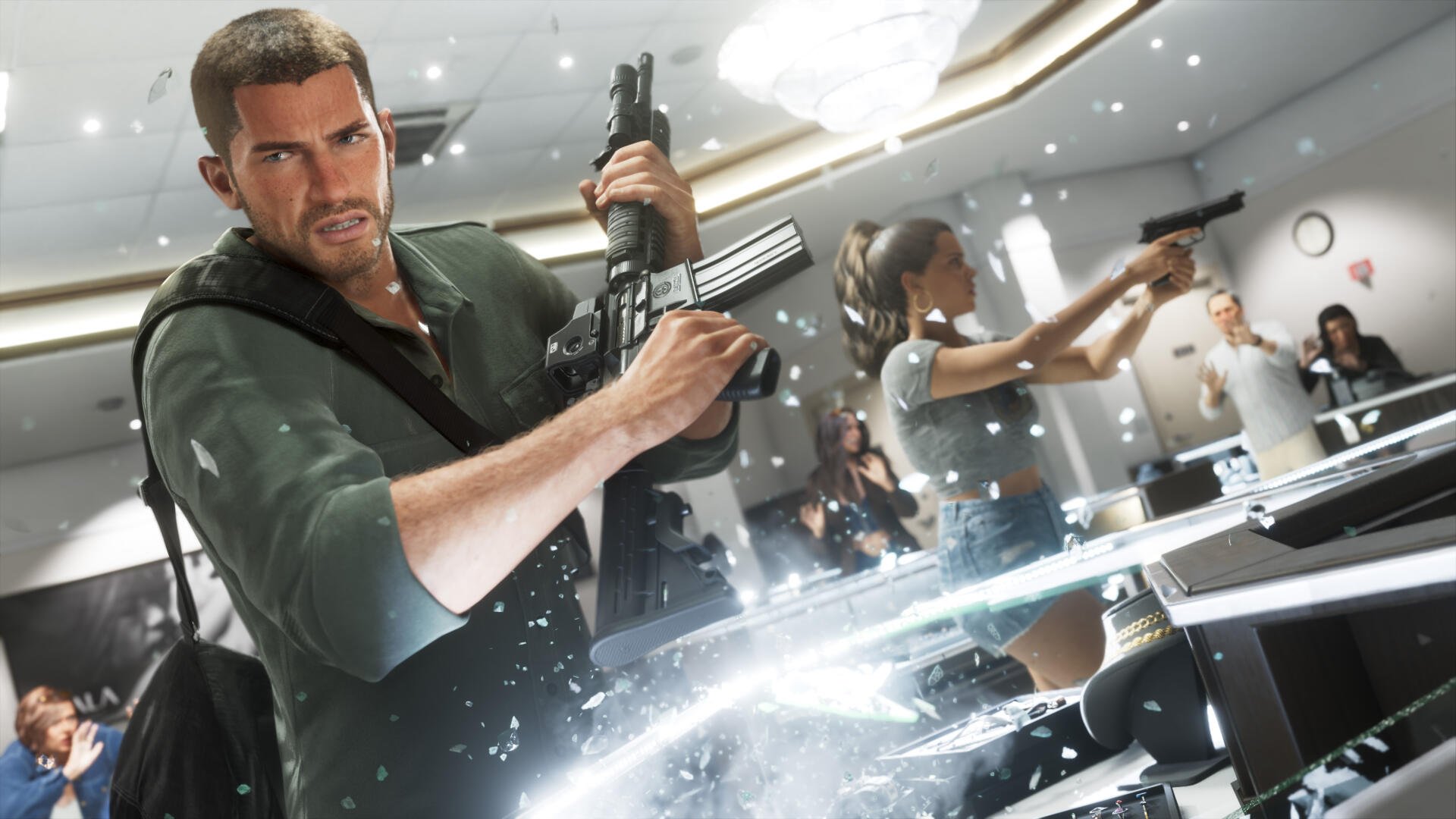 Grand Theft Auto VI 4K PC desktop wallpaper: Jason and Lucia trade gunfire amid flying glass in a tense office shootout from the Grand Theft Auto video game.