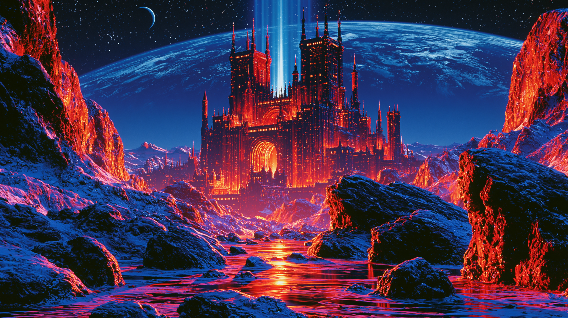 Sci-fi castle landscape with neon lava rivers and a blue planet horizon, dramatic 2K Quad HD PC desktop wallpaper and background.