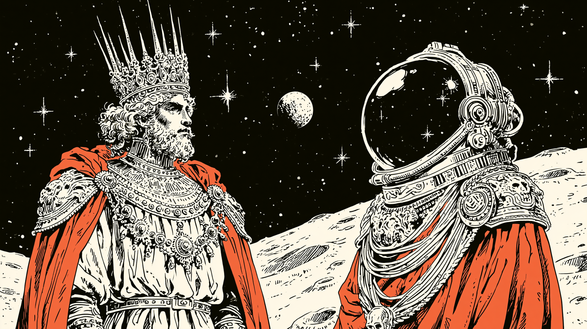 2K Quad HD PC desktop wallpaper and background: sci-fi tableau of a crowned king in ornate robes facing an armored astronaut on a moonlit, starry landscape.