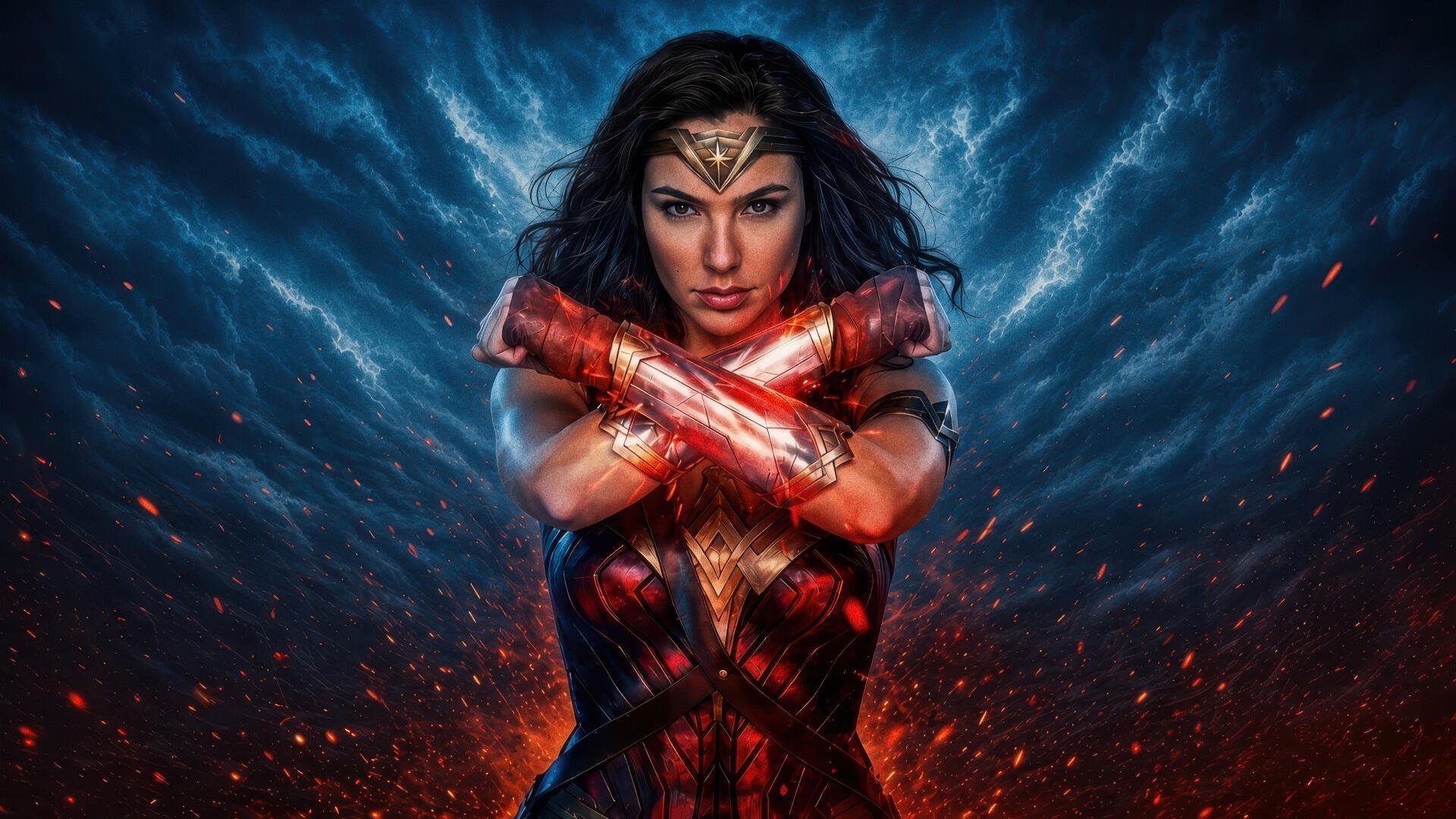 4K Ultra HD digital art PC desktop wallpaper and background of Wonder Woman: a superhero in red-and-gold armor crossing her arms amid stormy skies and glowing embers, fierce heroic pose.